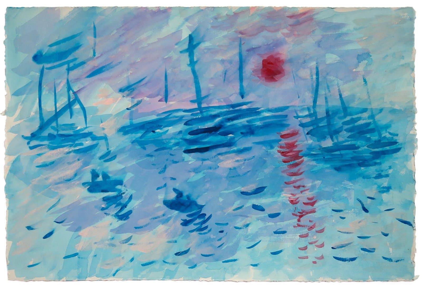 Watercolor painting of sailing boats on water with blue brushstrokes and red sun reflection