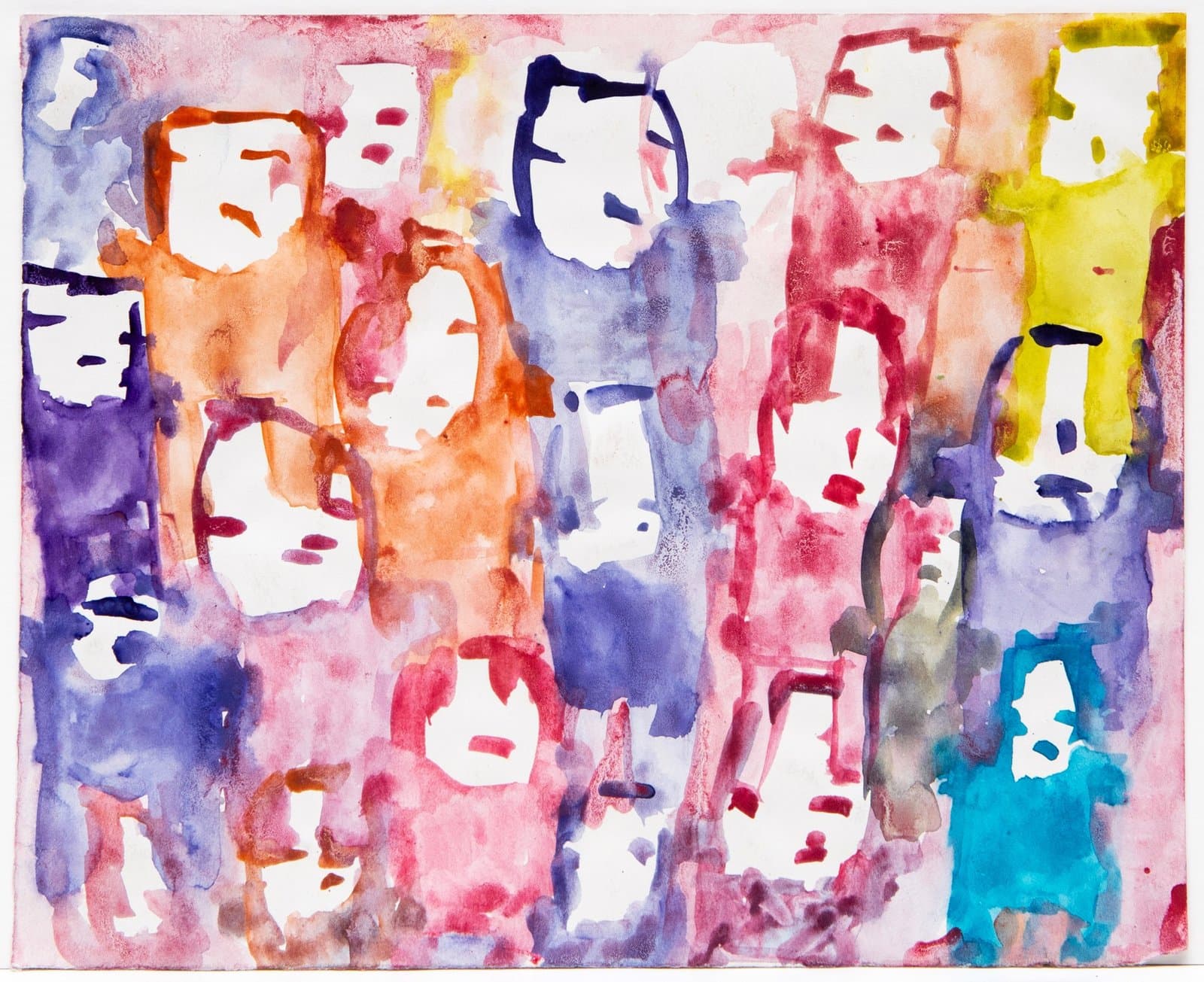 Watercolor painting with abstract white mask-like faces floating amid colorful washes of purple, pink, orange, and blue