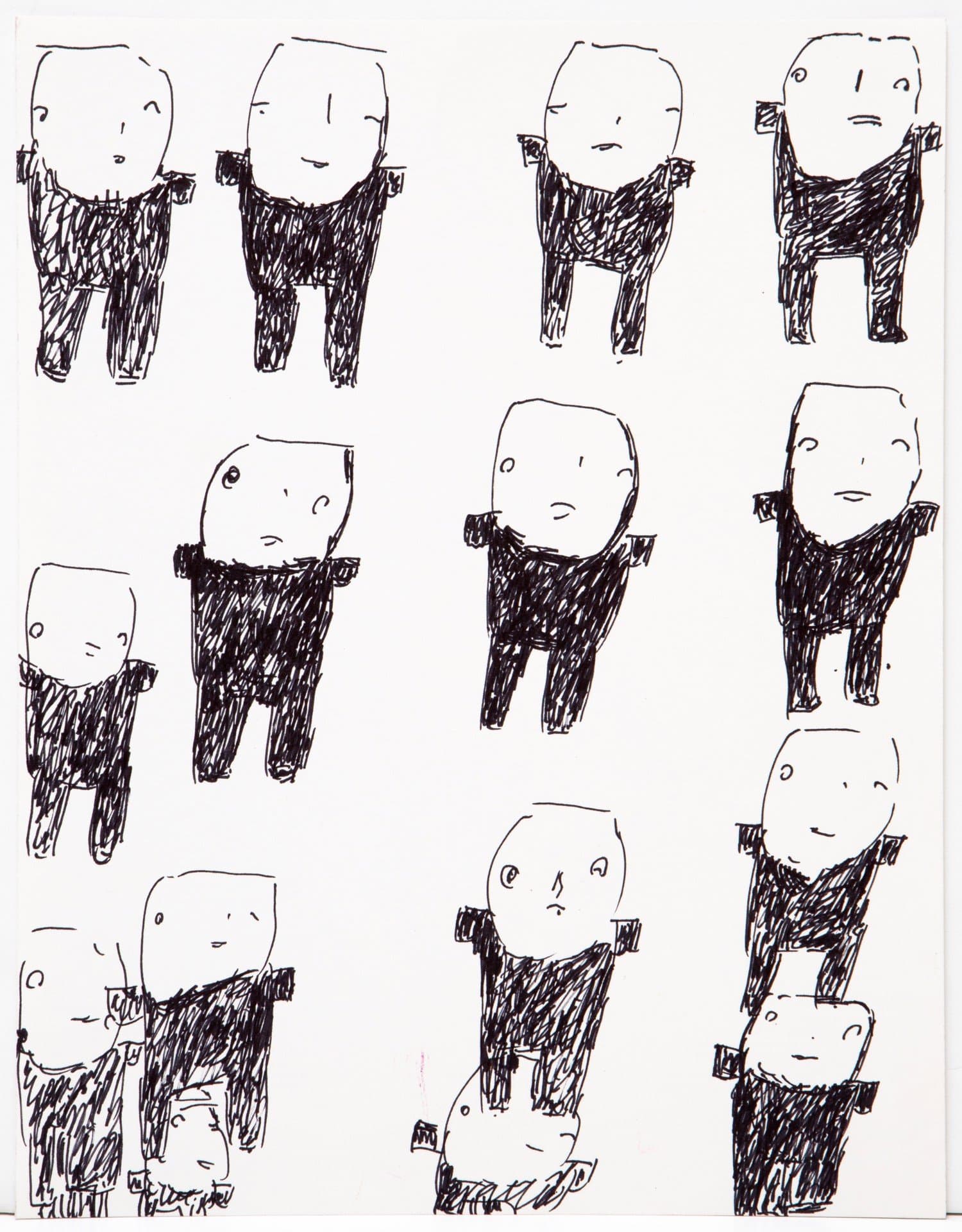 Ink drawing on paper showing multiple simplified humanoid figures with square heads and black scribbled bodies
