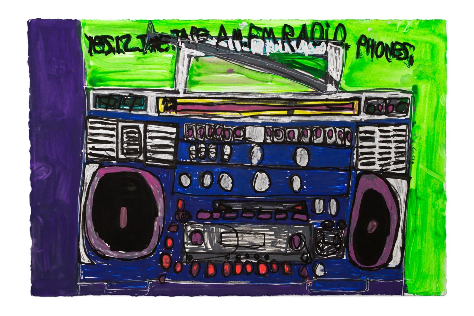 Painting of a boombox in blue, purple, and green acrylic and ink on paper with handwritten text above.