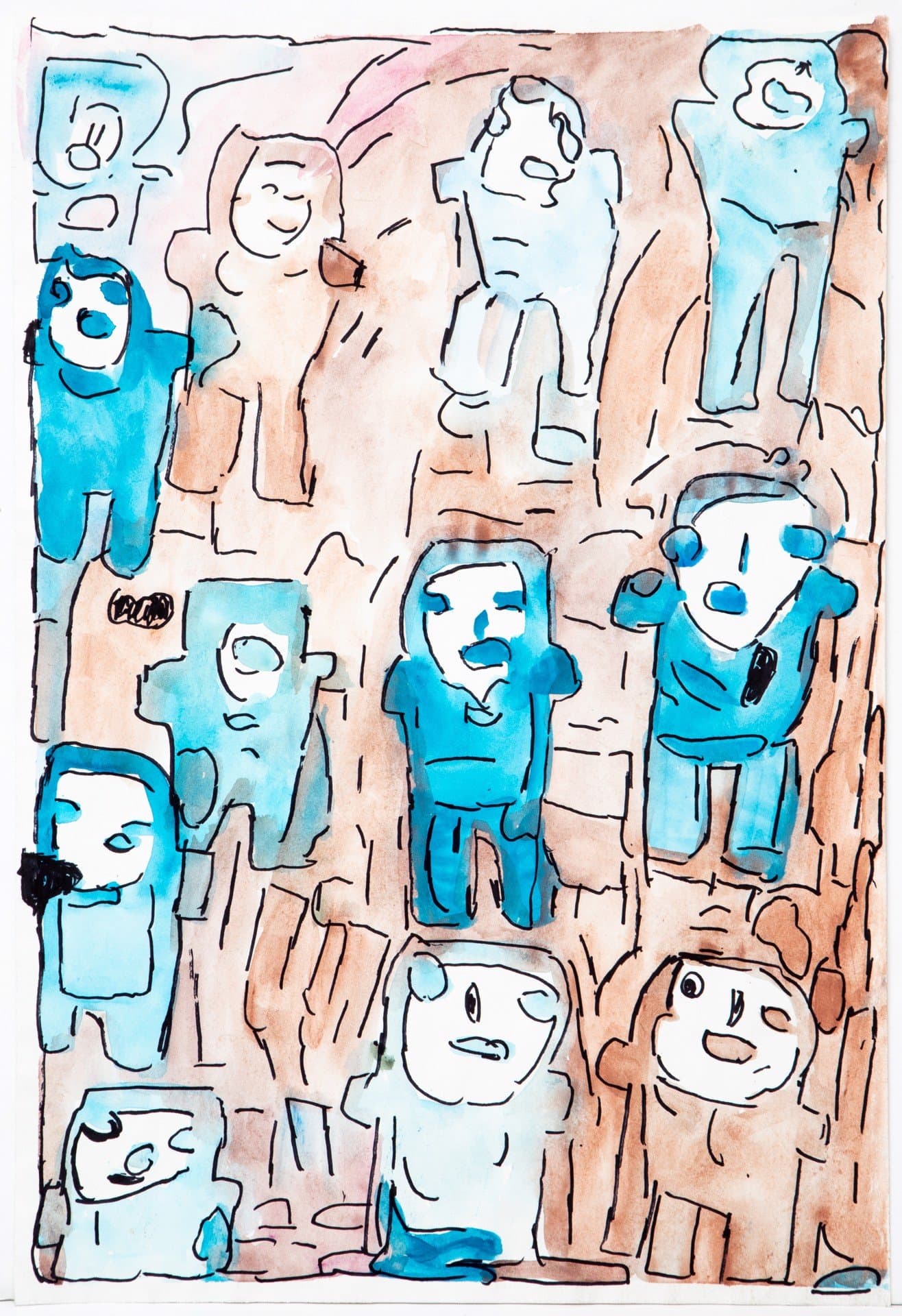 Watercolor and ink drawing featuring multiple cartoon-like figures in blue and pink tones on white paper.