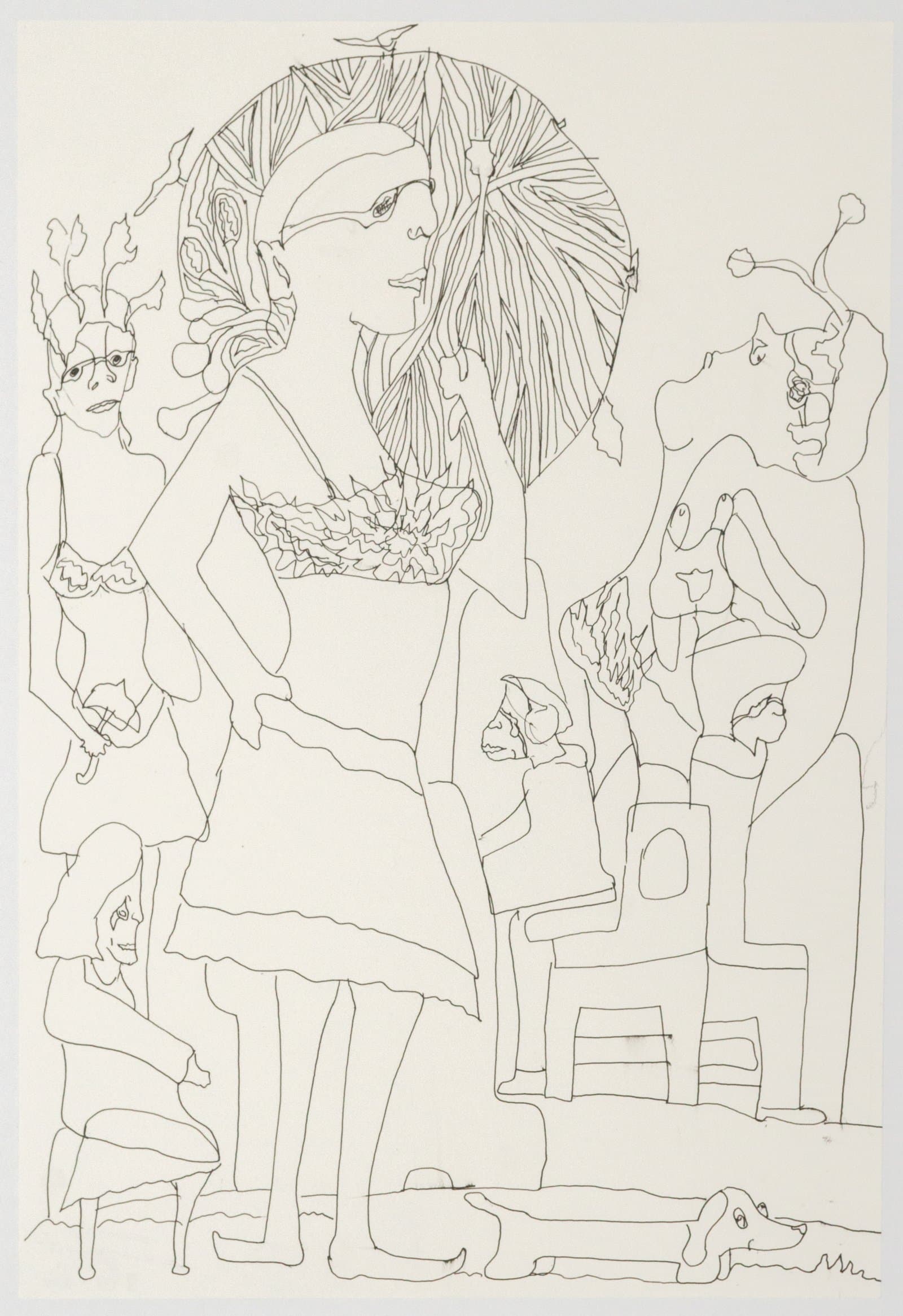 Pen and ink drawing of multiple human figures and a dog in fluid black line on white paper.