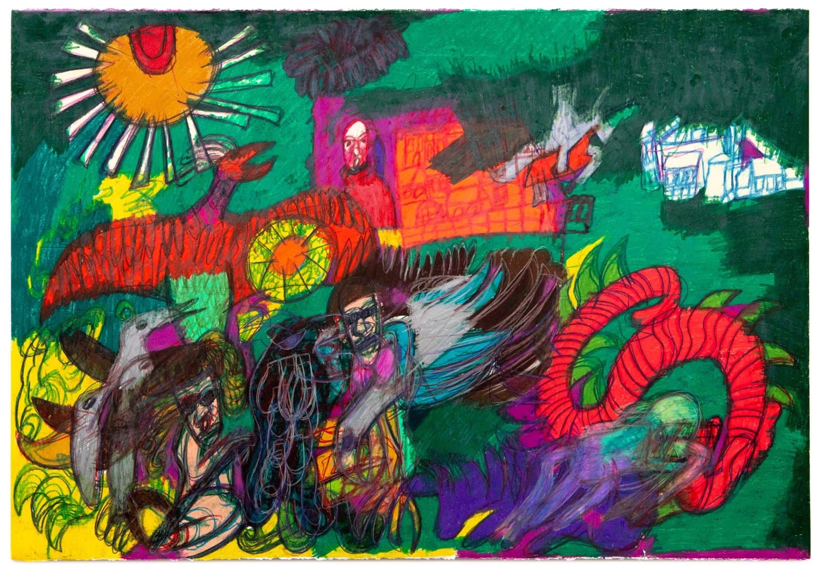 Mixed media drawing with fantastical creatures, vehicles, and a radiating sun in vibrant colors on paper.