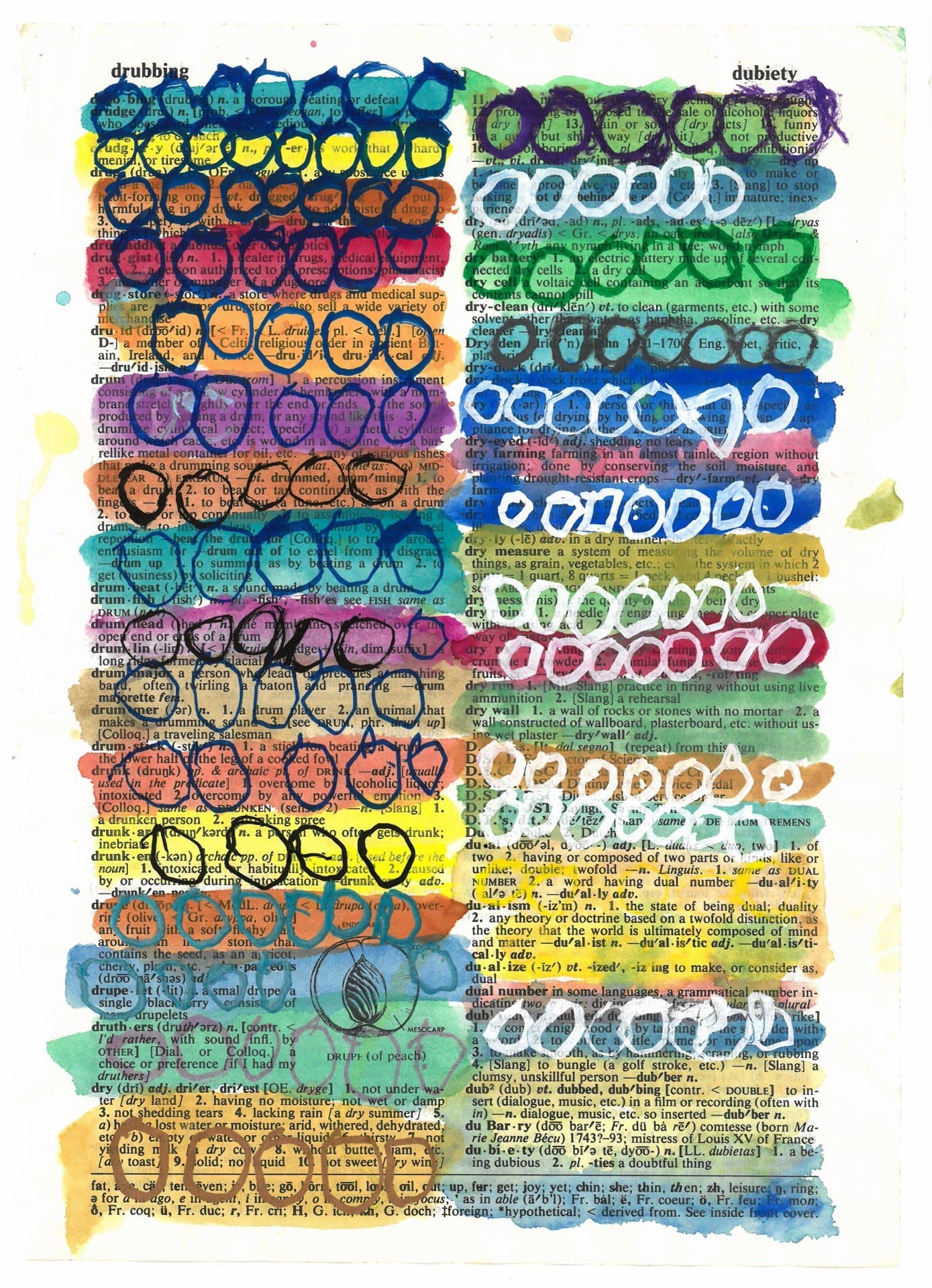 Mixed media artwork with rows of circular forms in rainbow colors overlaid on dictionary text on white paper.