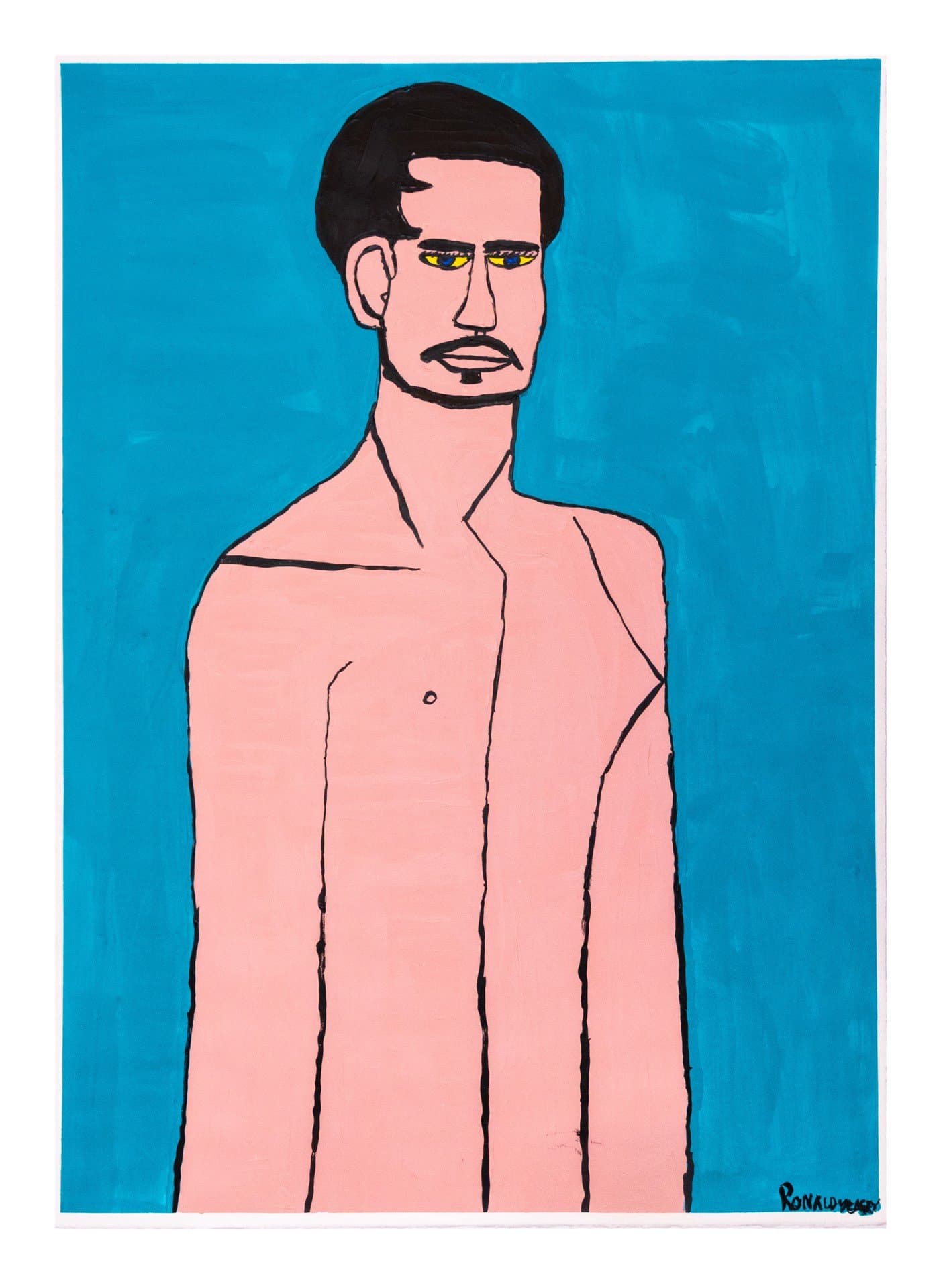 Acrylic painting of a shirtless figure with dark hair and sunglasses against a bright blue background