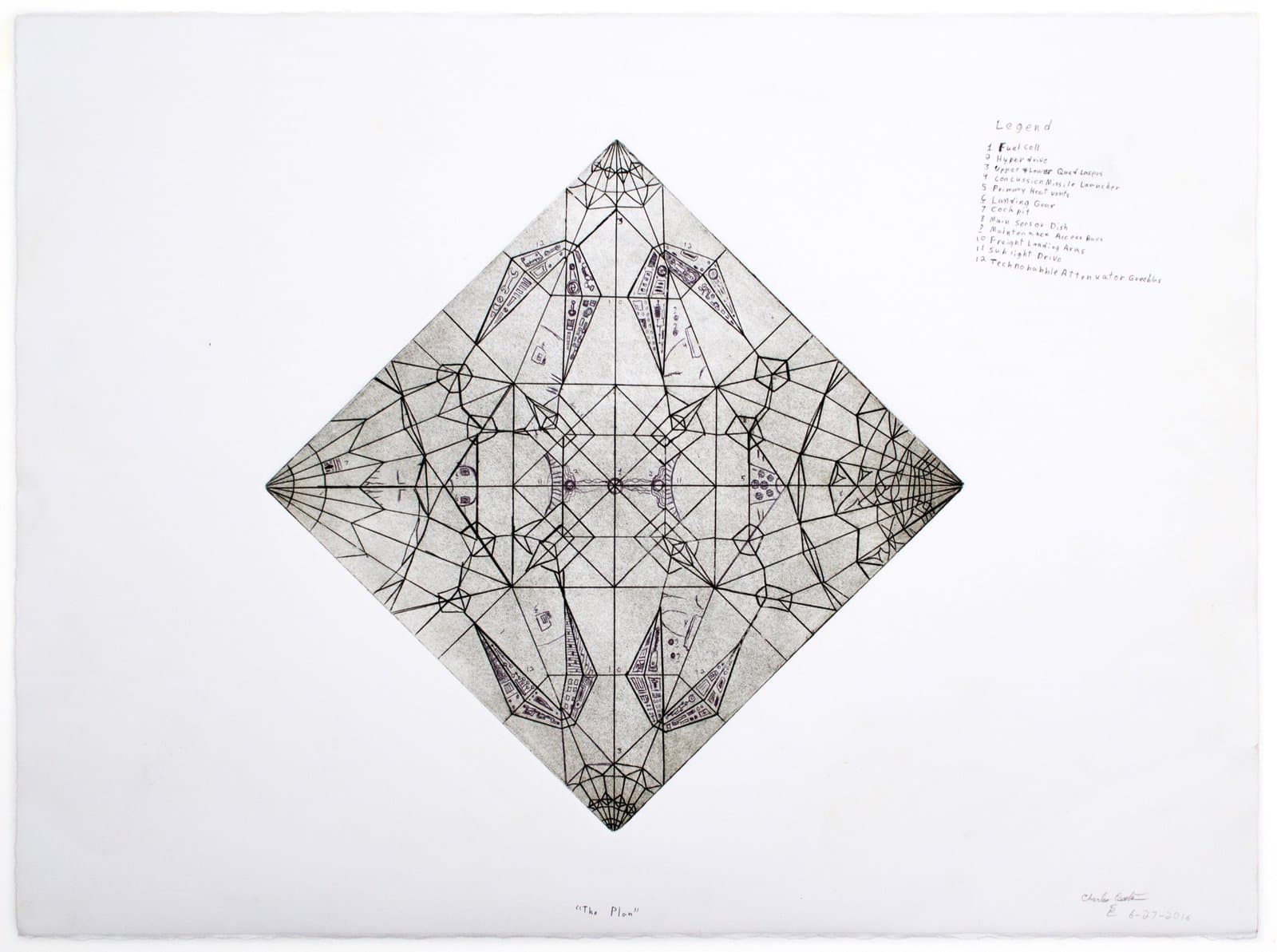 Geometric drawing with diamond-shaped composition featuring intricate line work and mathematical patterns on white paper