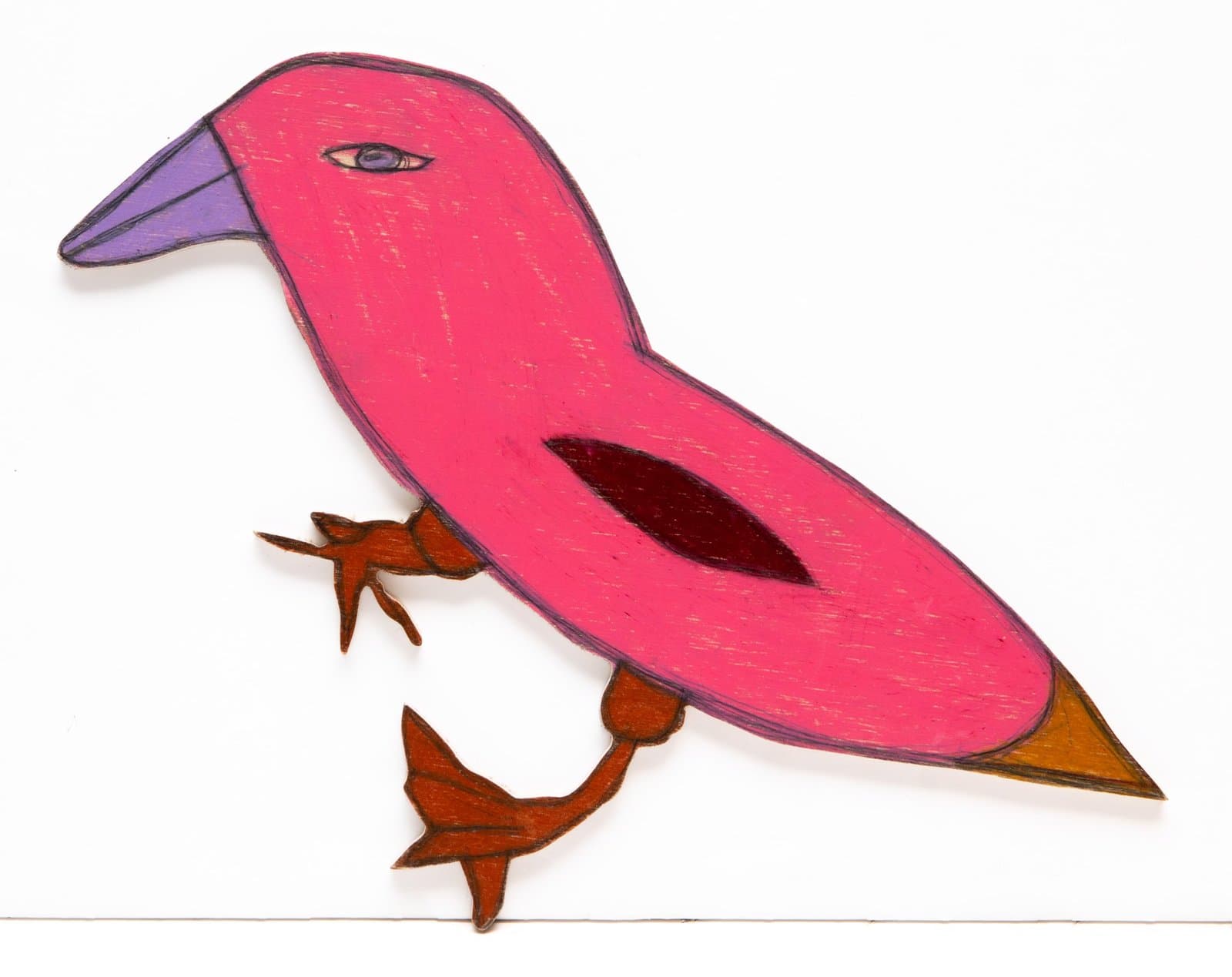 Colorful bird drawing in Prismastix on wood with bright pink body, purple wing, and orange feet on white background.