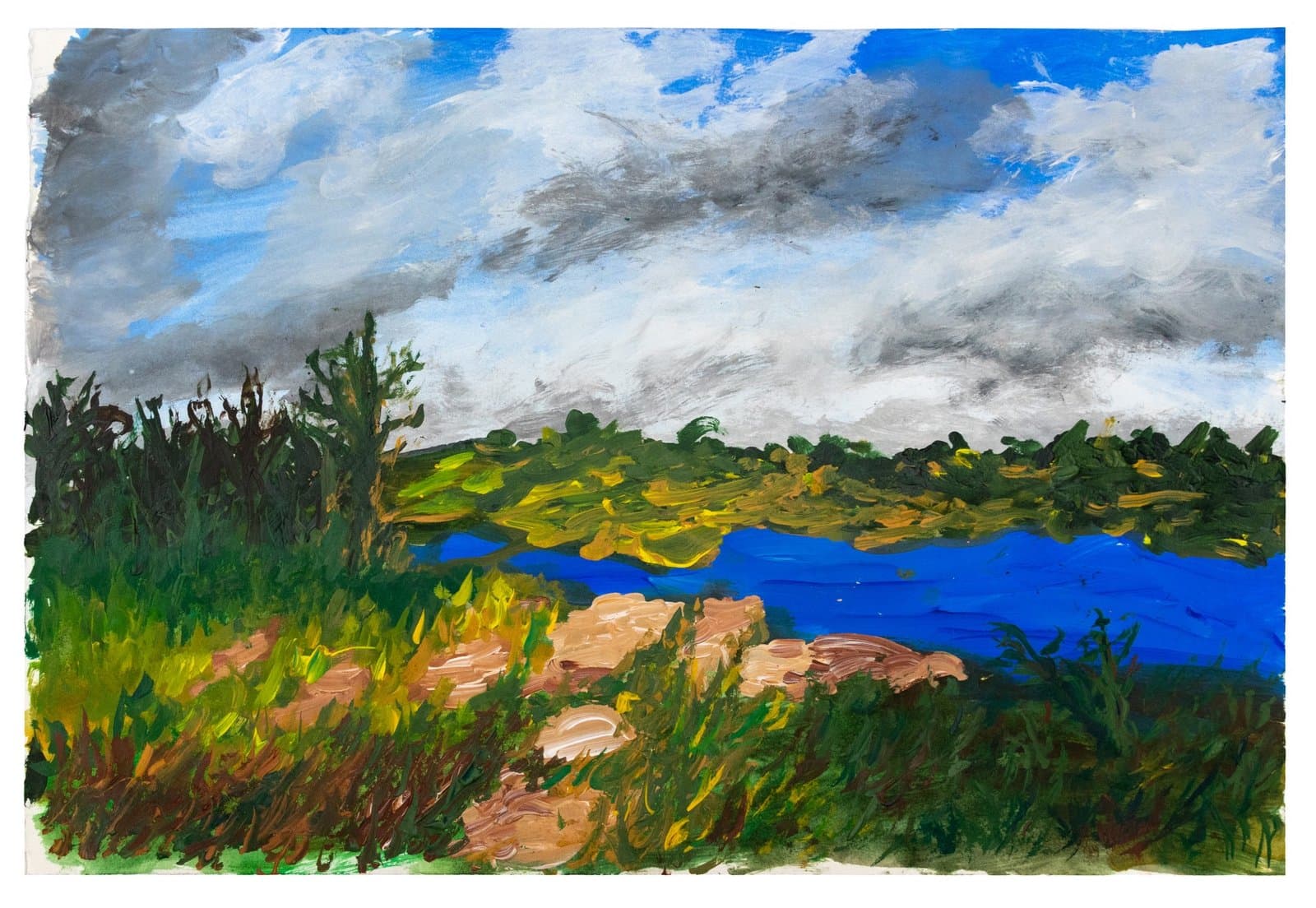 Landscape painting showing blue lake with green vegetation and rocky shore under cloudy sky, acrylic and ink on paper