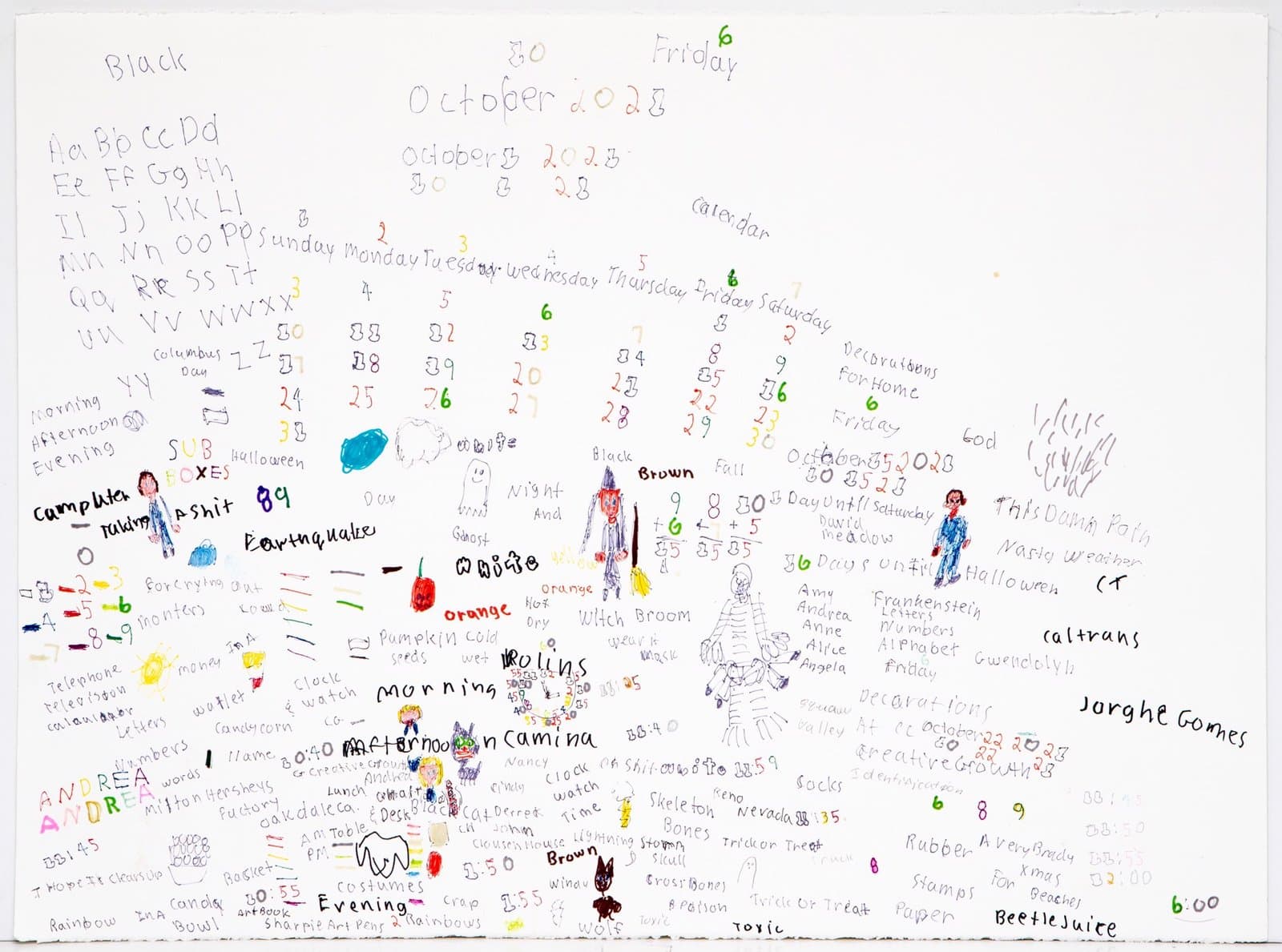 Mixed media drawing with handwritten text, numbers, and small colorful figures scattered across white paper