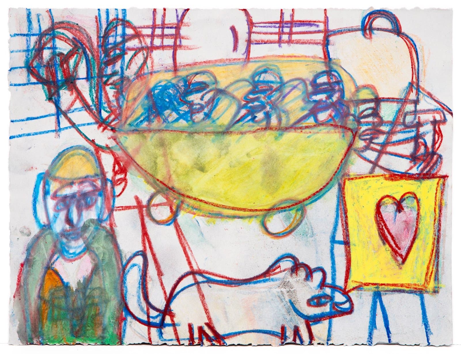 Mixed media drawing with colorful linear forms, a large yellow bowl shape, and figure in green on white paper.