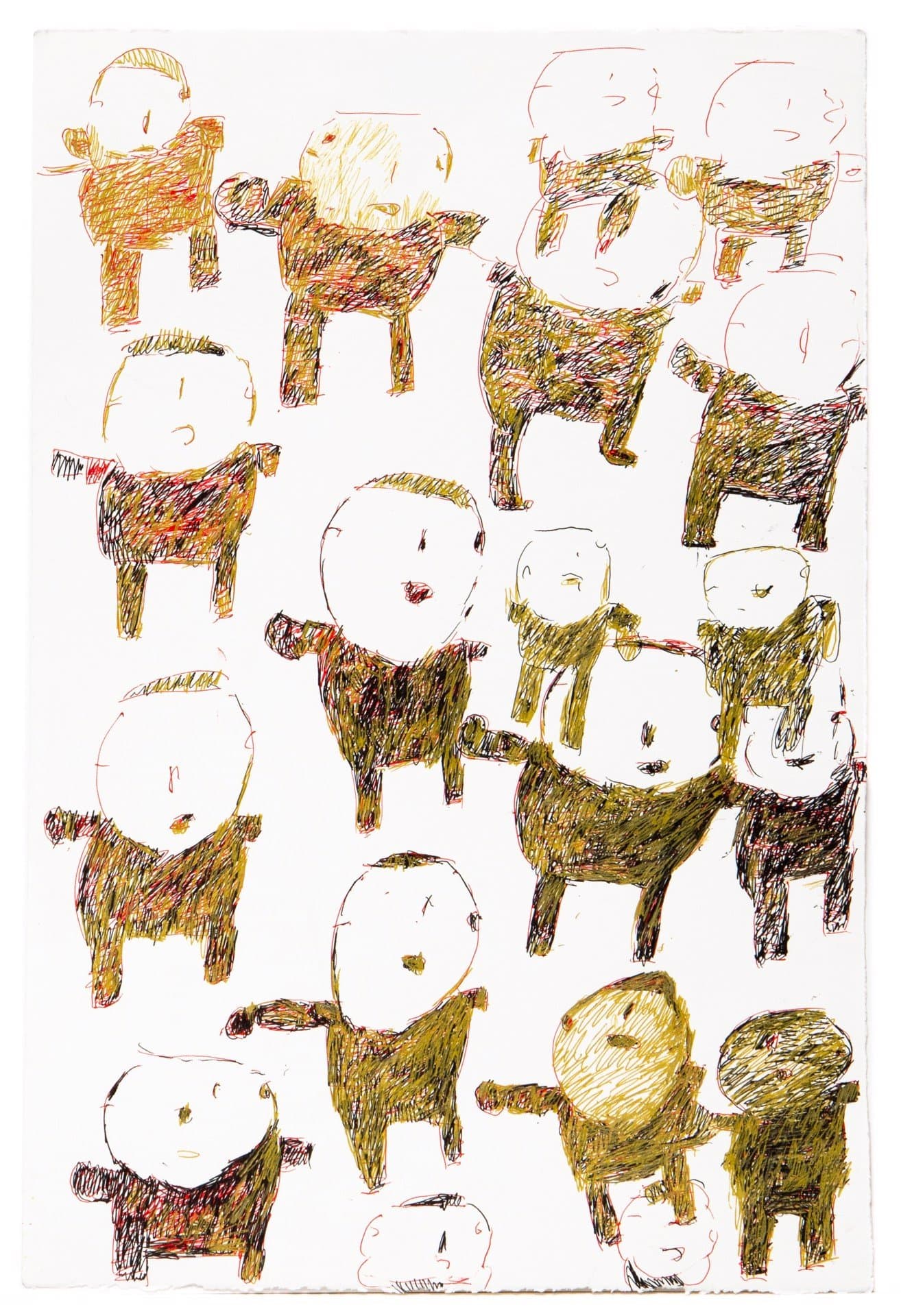 Drawing in ink showing multiple simplified human figures with round heads and rectangular bodies on white paper.
