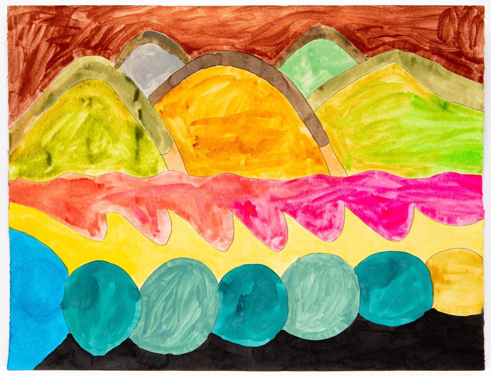 Abstract watercolor painting with layered geometric shapes in warm and cool tones arranged in horizontal bands on paper.