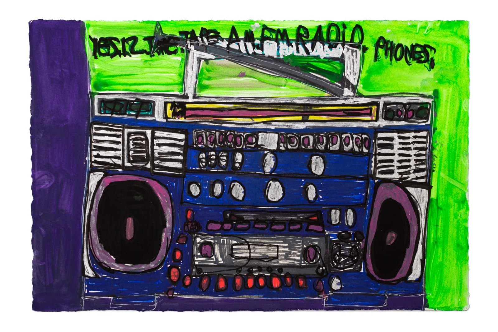 Mixed media artwork depicting a blue boombox radio with speakers against bright green and purple background