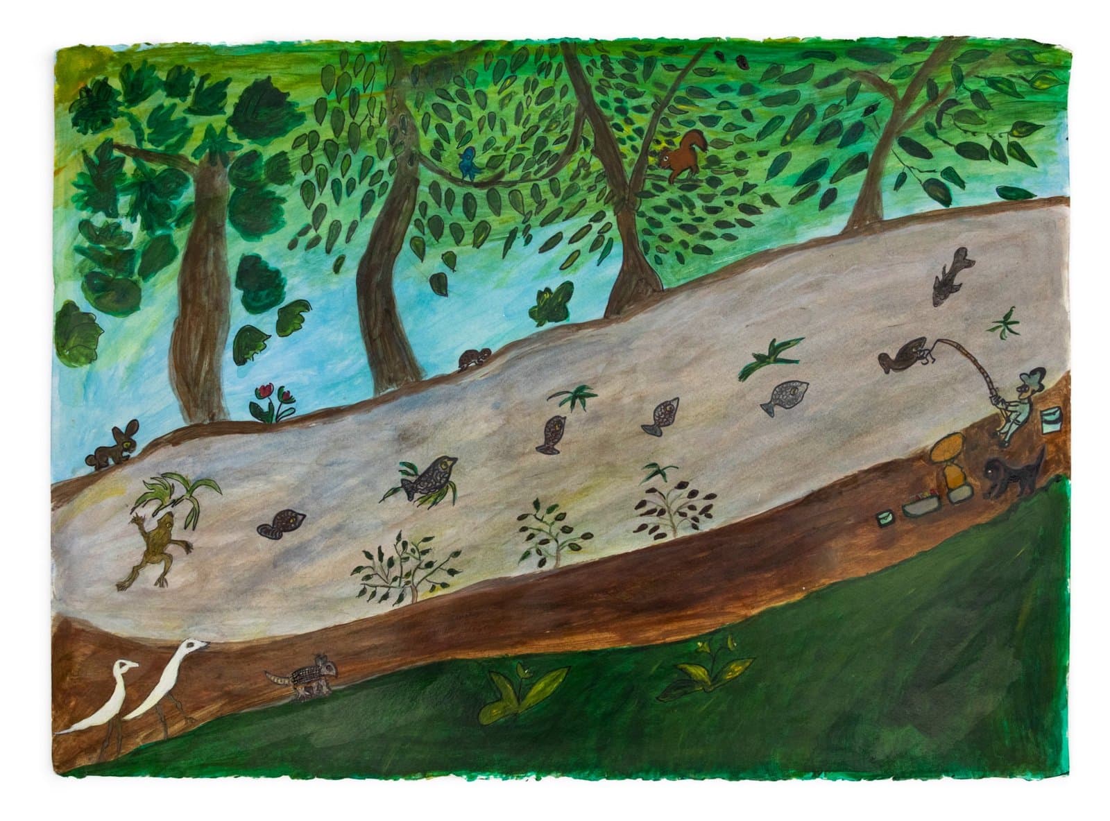 Landscape painting in acrylic showing a forest scene with trees, a dirt path, and various small animals on paper.