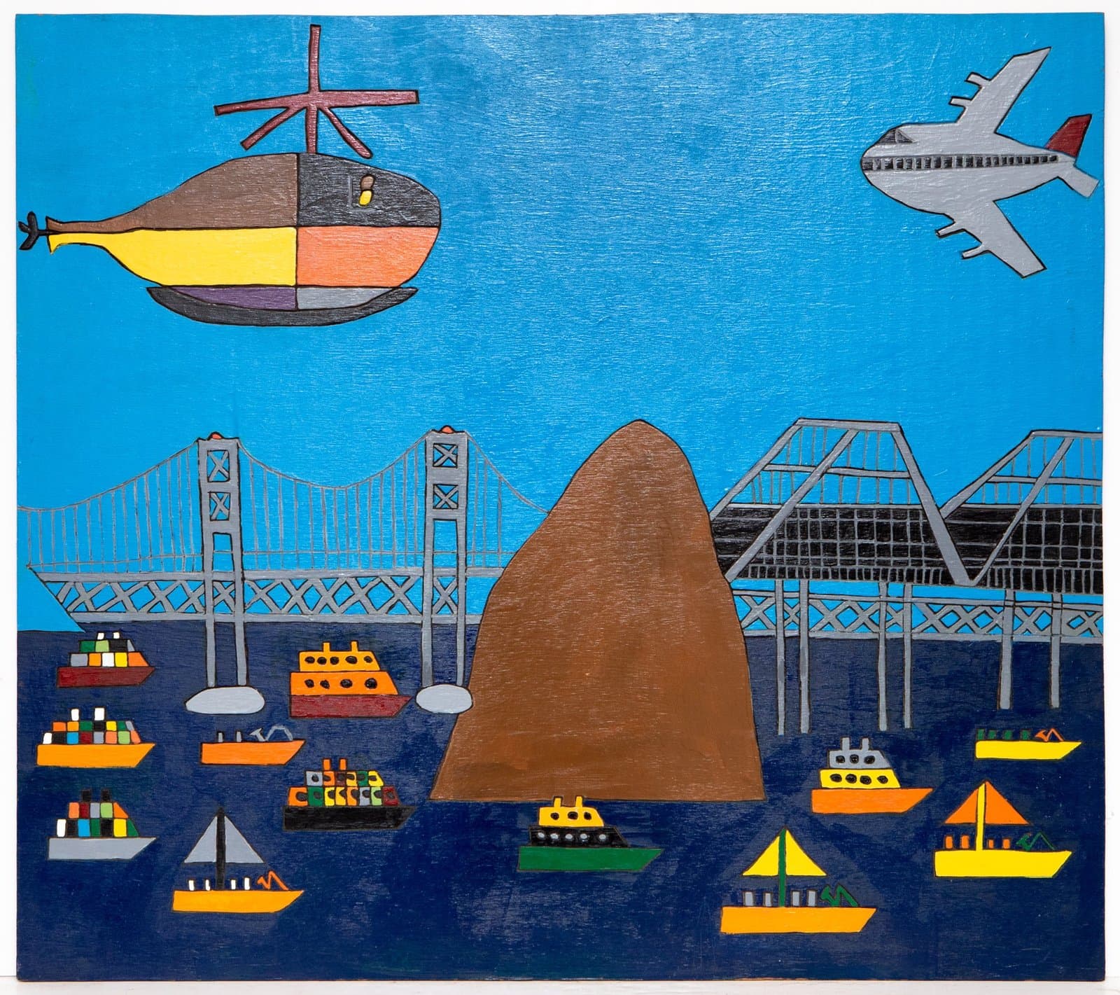 Acrylic painting on wood depicting a harbor scene with bridges, boats, helicopter, and airplane against blue sky and water