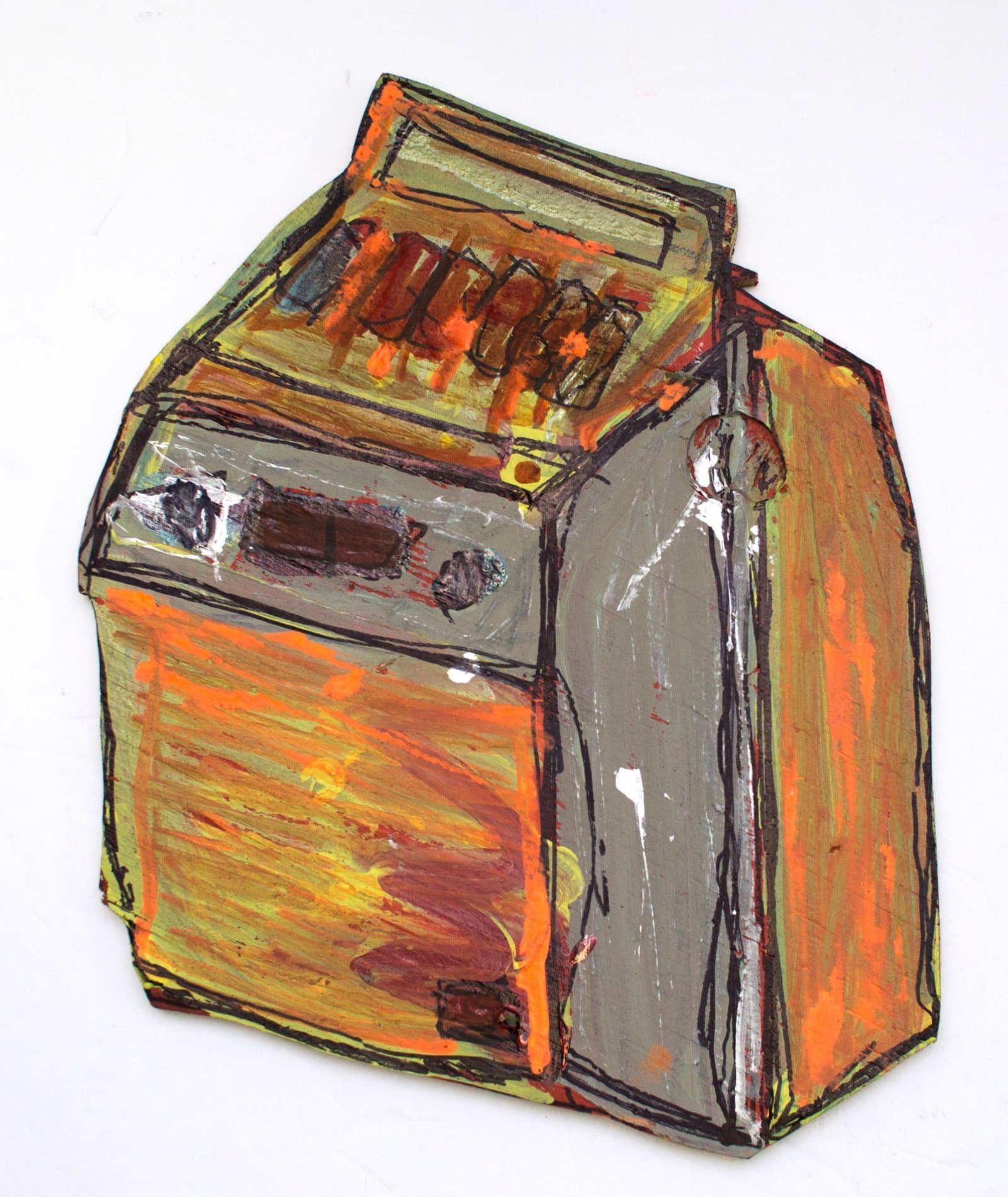 Mixed media artwork depicting a milk carton in orange, brown, and gray tones with expressive brushwork