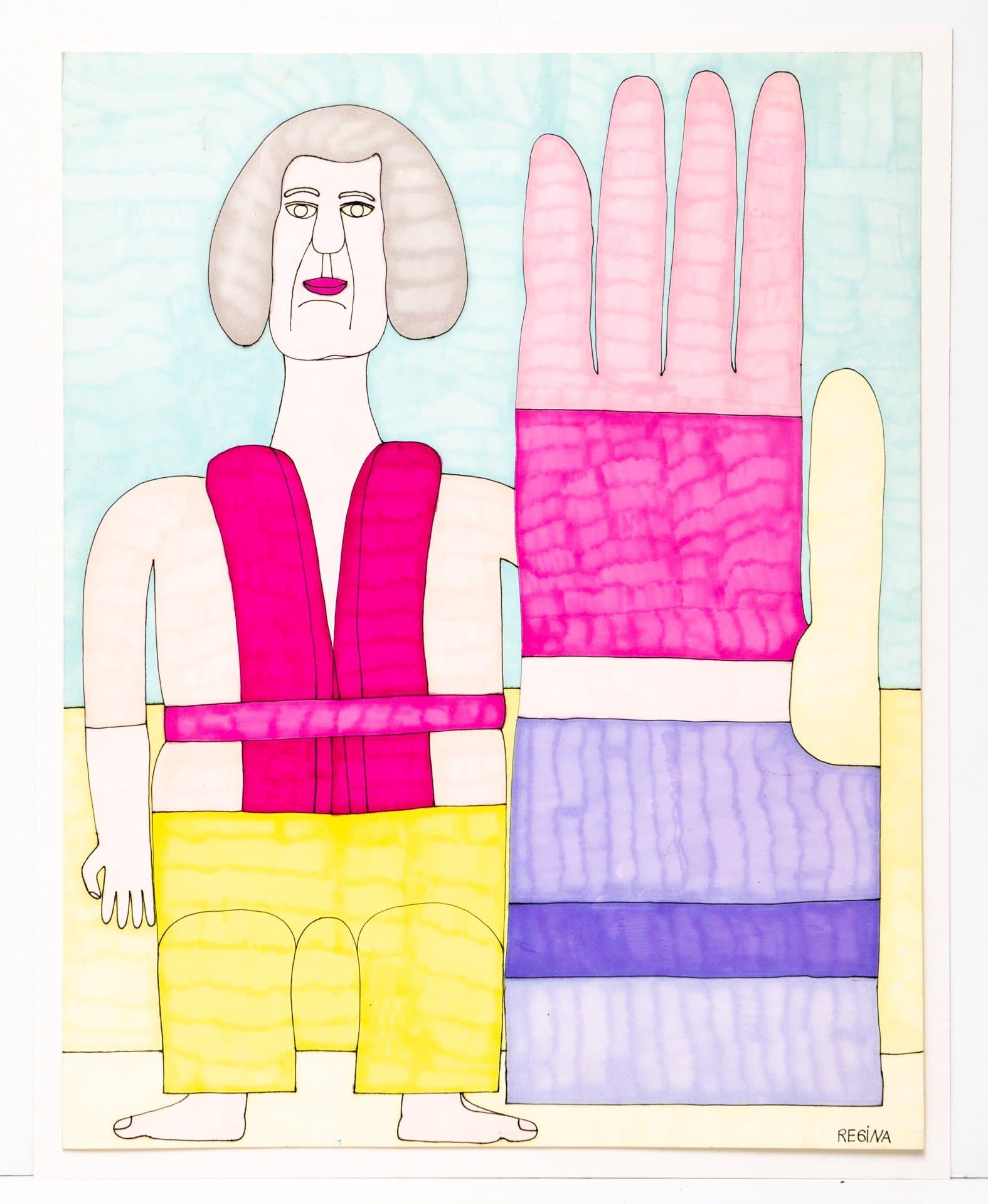 Ink drawing of a figure with bob haircut seated next to large pink hand, colorful geometric forms, pale blue background