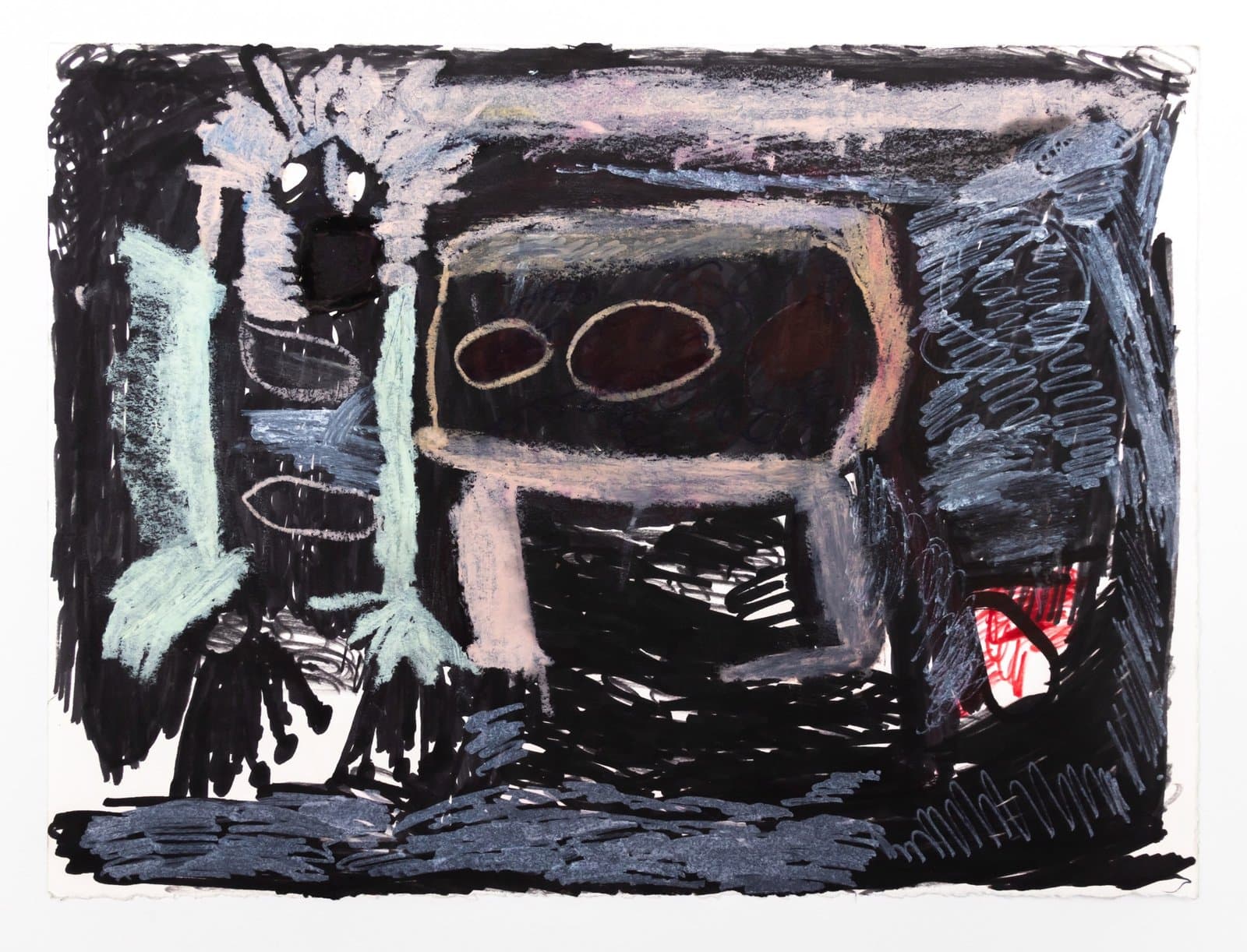 Mixed media drawing with abstract architectural forms in pastel and ink featuring dark blues, pinks, and green accents.