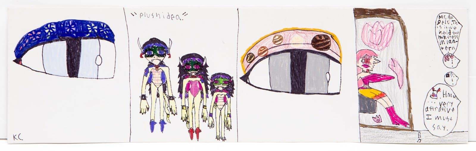 Drawing in ink and colored pencil showing fantastical figures, UFO-like objects, and text on white paper.