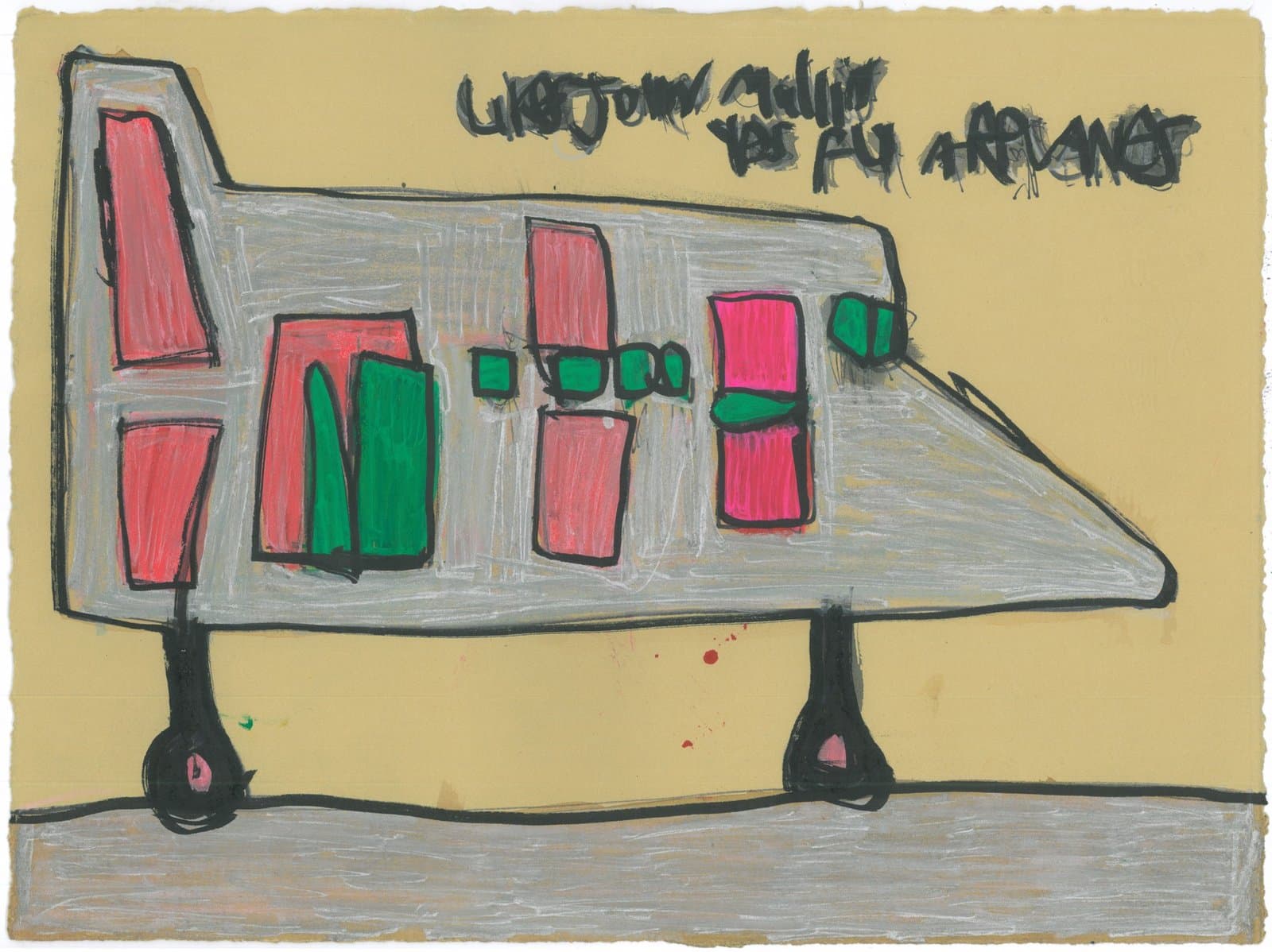 Drawing of a gray airplane with red and green rectangular windows on tan paper, marker and pencil