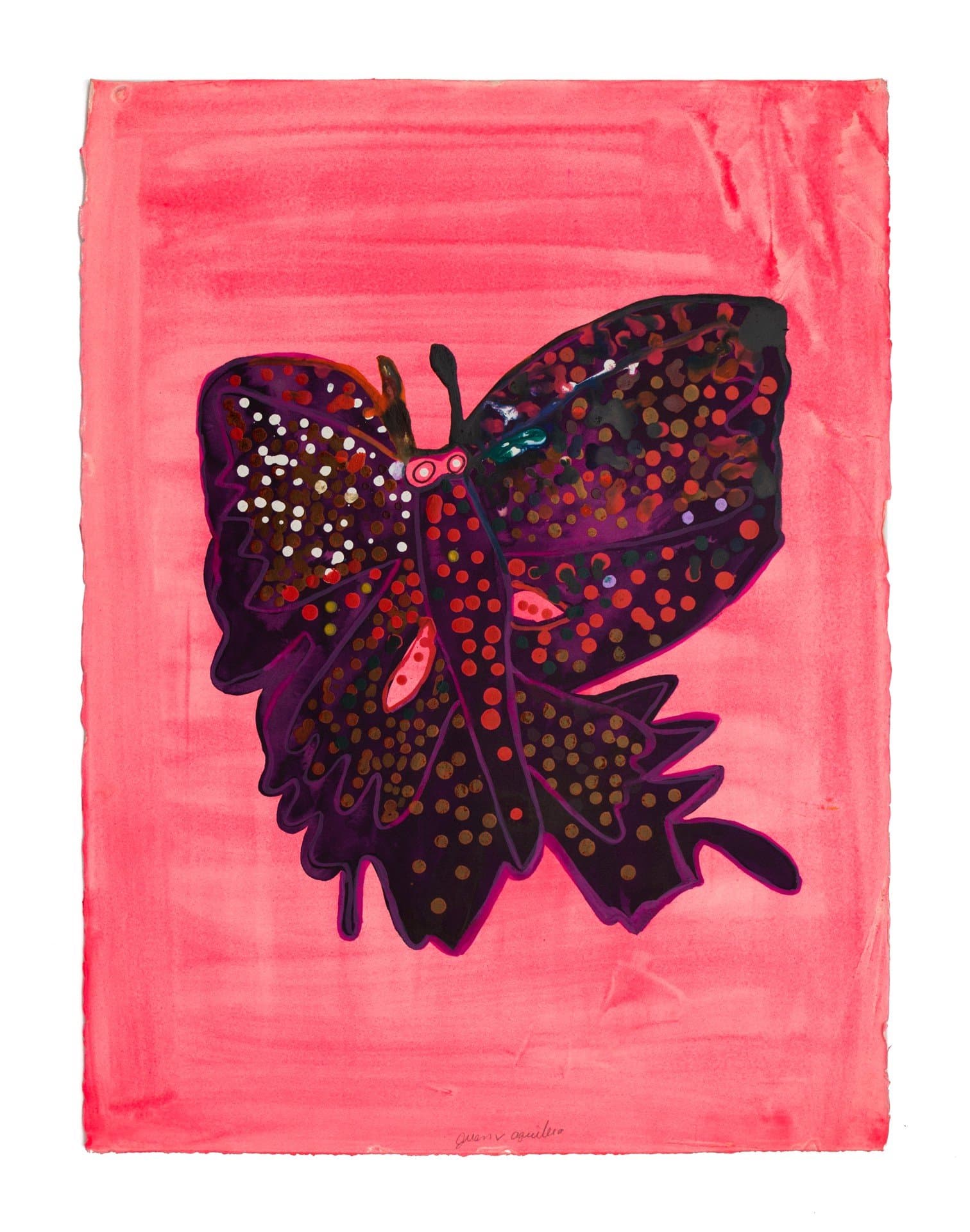 Acrylic painting of a dark butterfly with colorful polka dots on bright pink paper background.