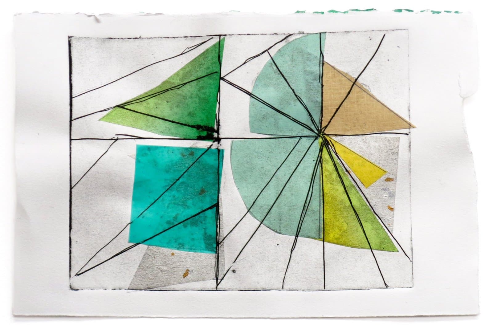 Abstract geometric etching with radiating lines and watercolor washes in green, teal, and yellow tones