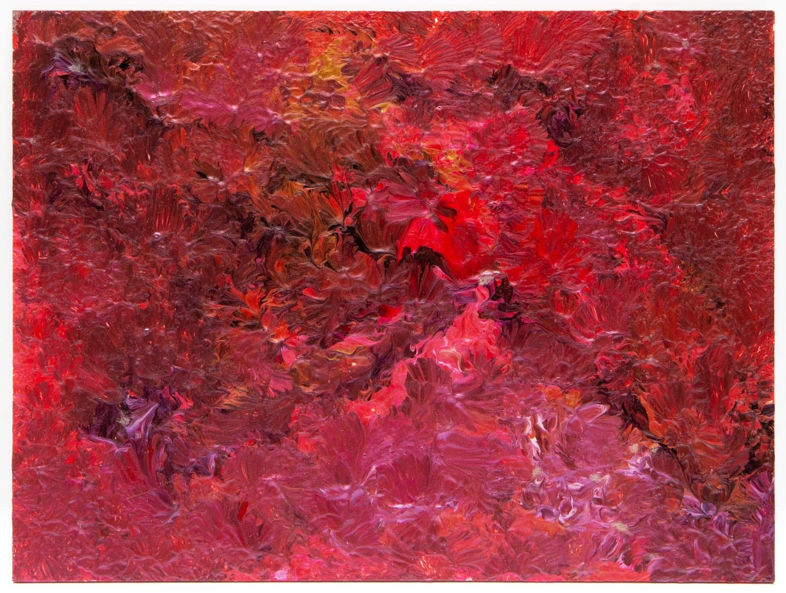 Abstract acrylic painting with dense, swirling brushstrokes in intense reds, pinks, and burgundy on wood panel.