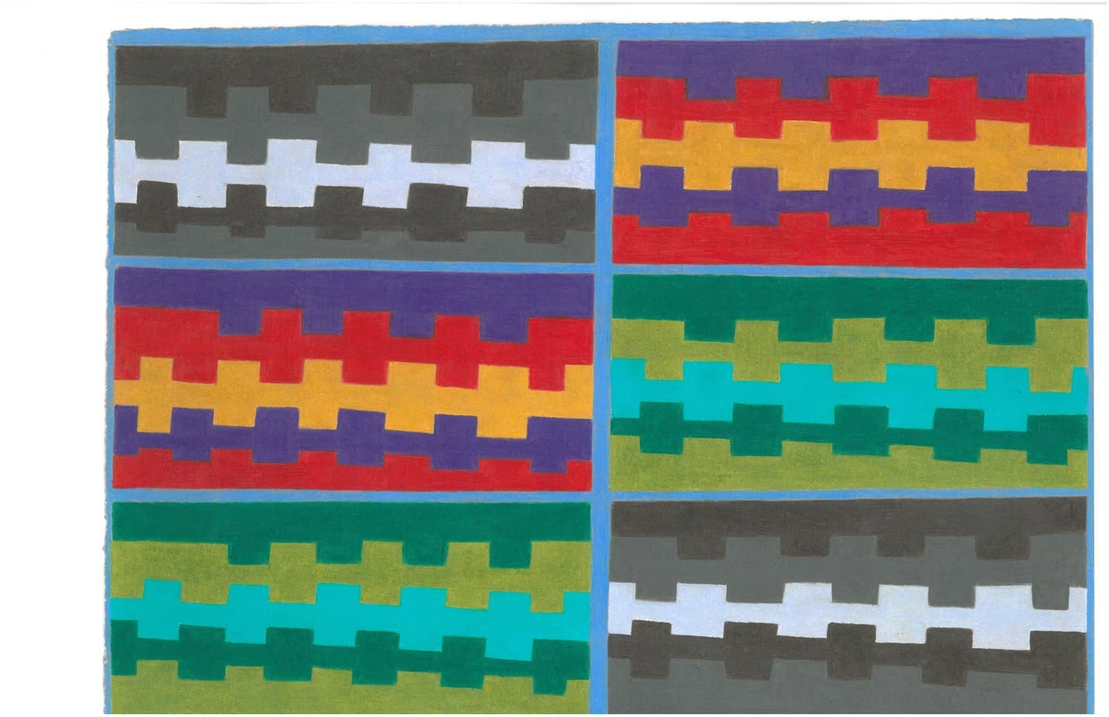 Abstract geometric painting with six rectangular panels featuring interlocking puzzle-piece patterns in various colors