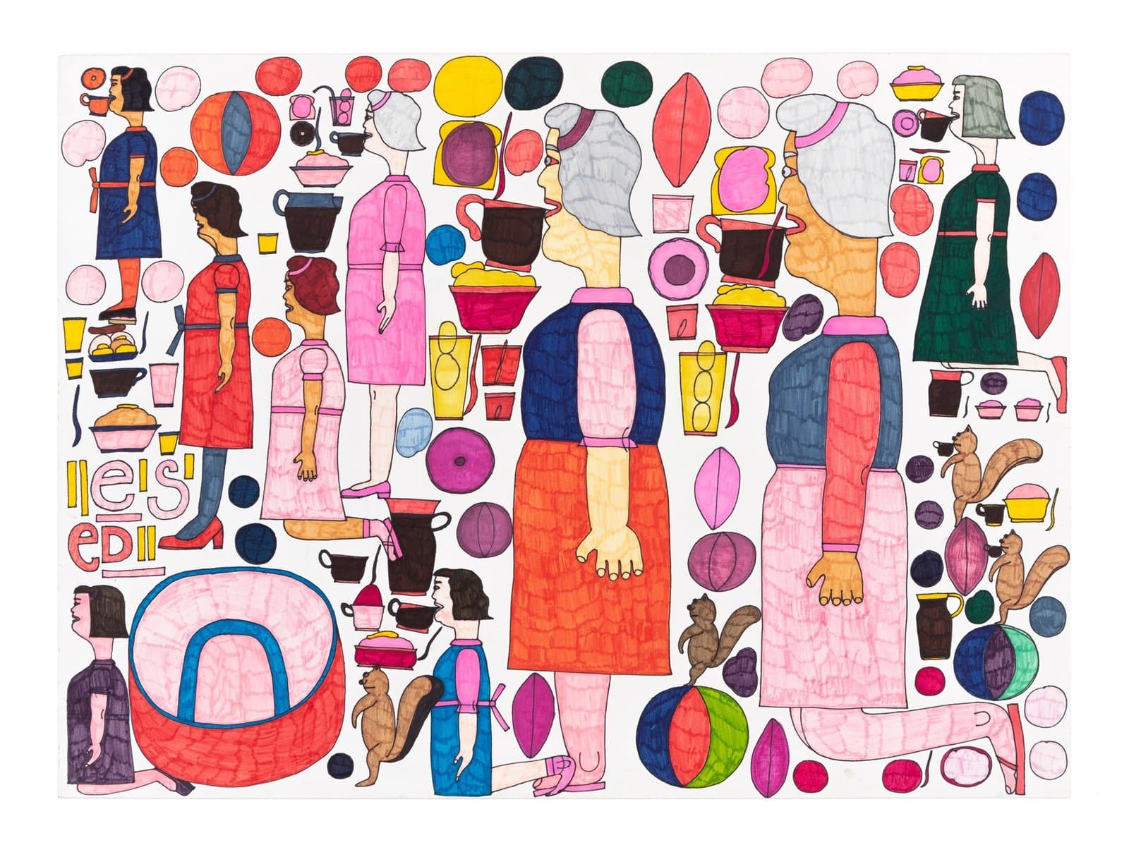Colorful ink drawing with stylized figures in geometric clothing surrounded by circular and oval shapes