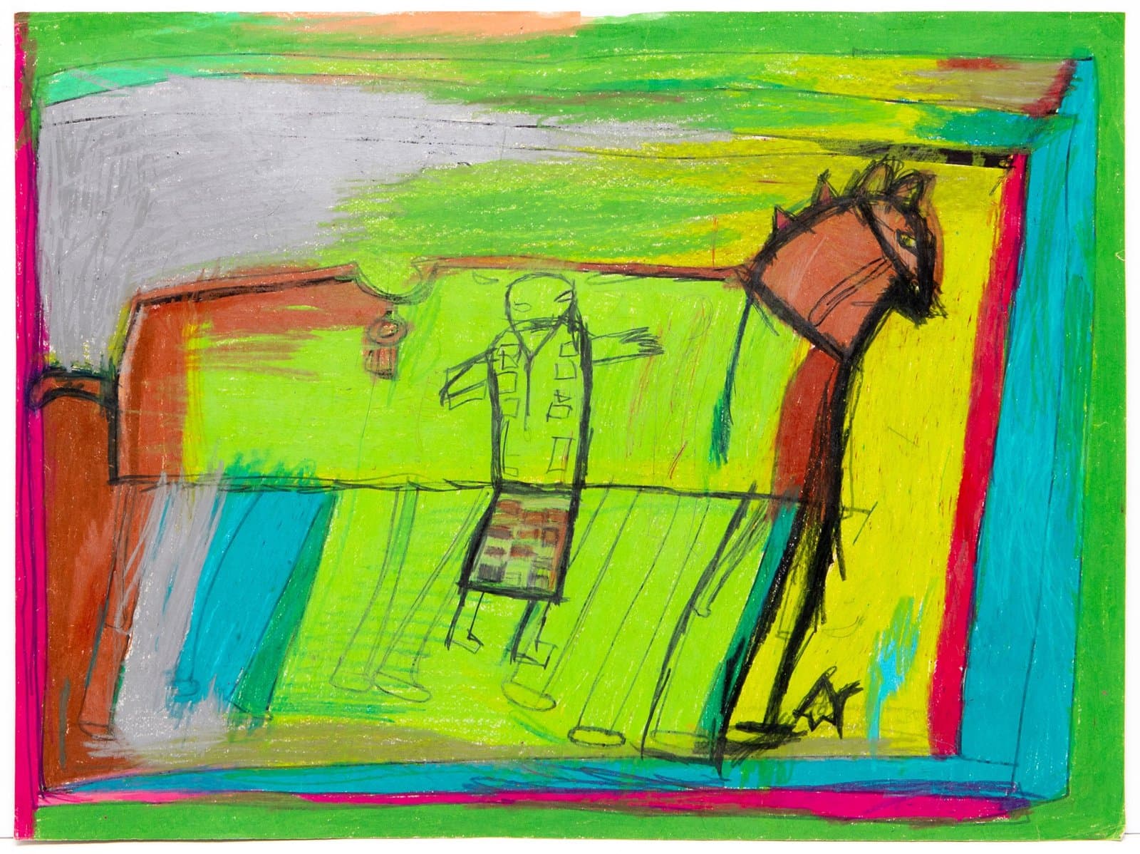 Mixed media drawing with bright green, yellow, and blue colors showing a figure and horse in an interior space.