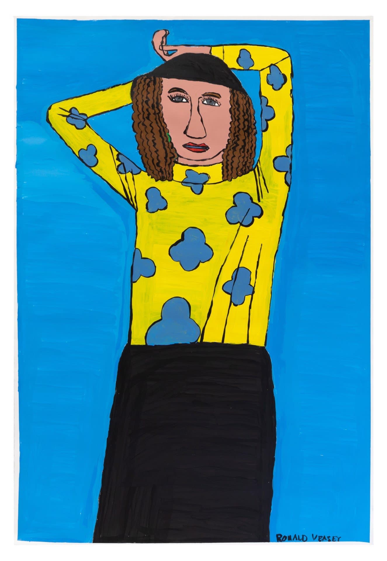Acrylic painting of a figure in yellow top with blue patterns and black skirt, arms raised, against bright blue background