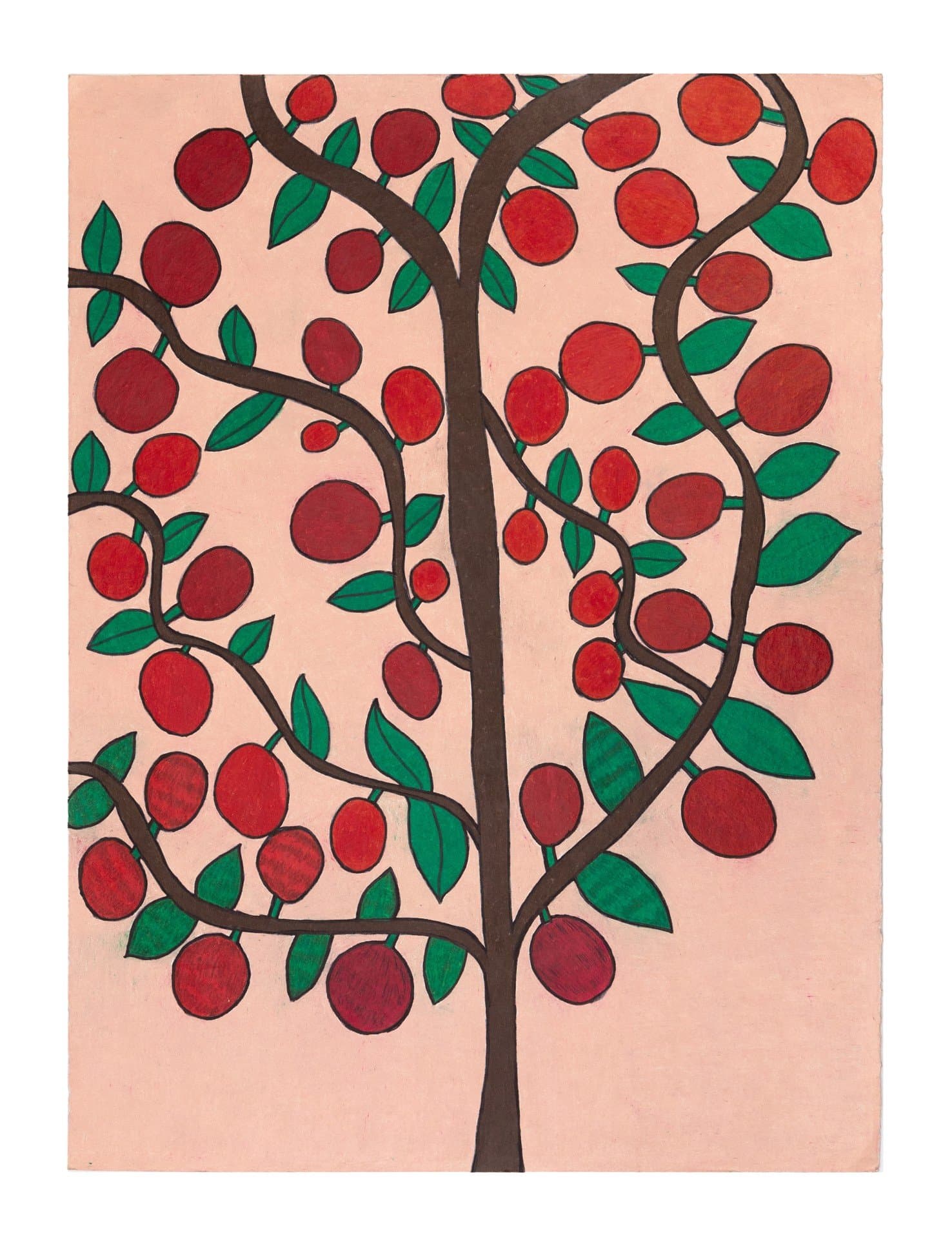 Colored pencil drawing of a fruit tree with red apples and green leaves on pink paper