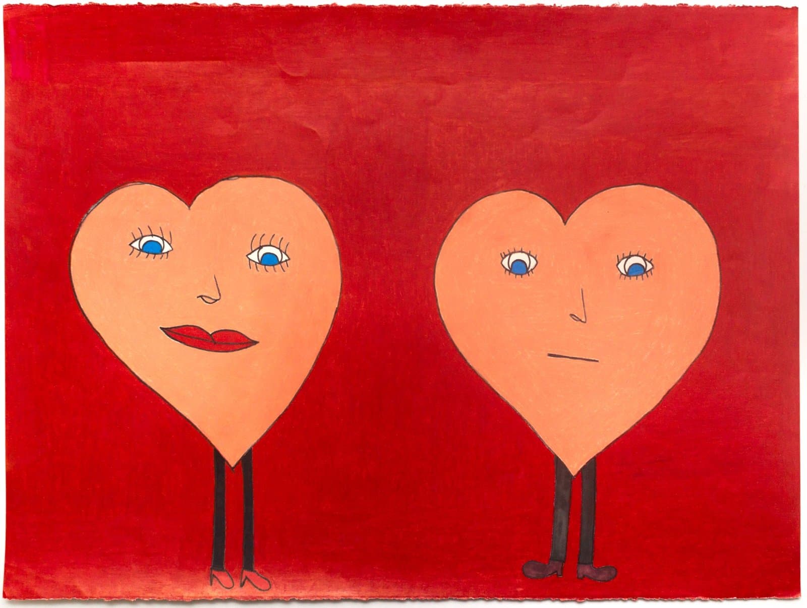 Two anthropomorphic heart-shaped figures with faces and stick legs on red background, mixed media artwork