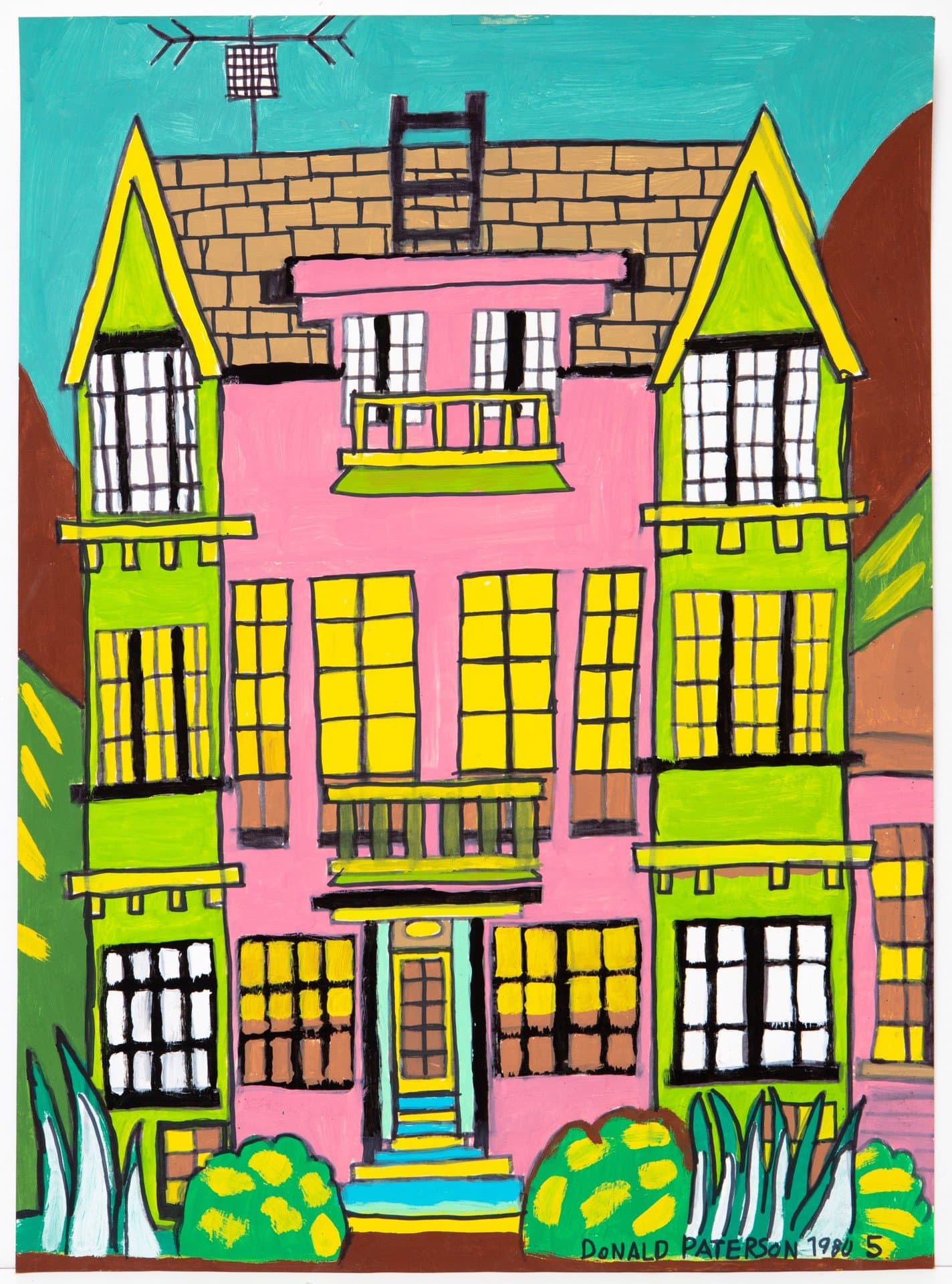 Colorful acrylic painting of a multi-story pink building with green towers and yellow windows