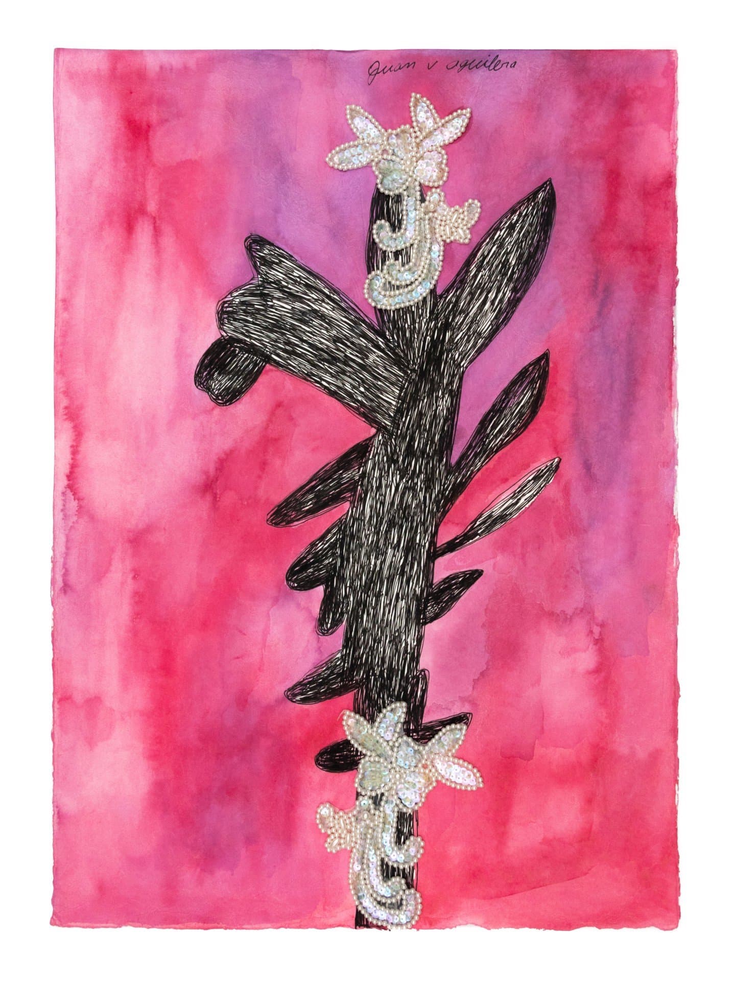 Mixed media collage showing black tree-like form with white beaded flowers on pink and purple watercolor background