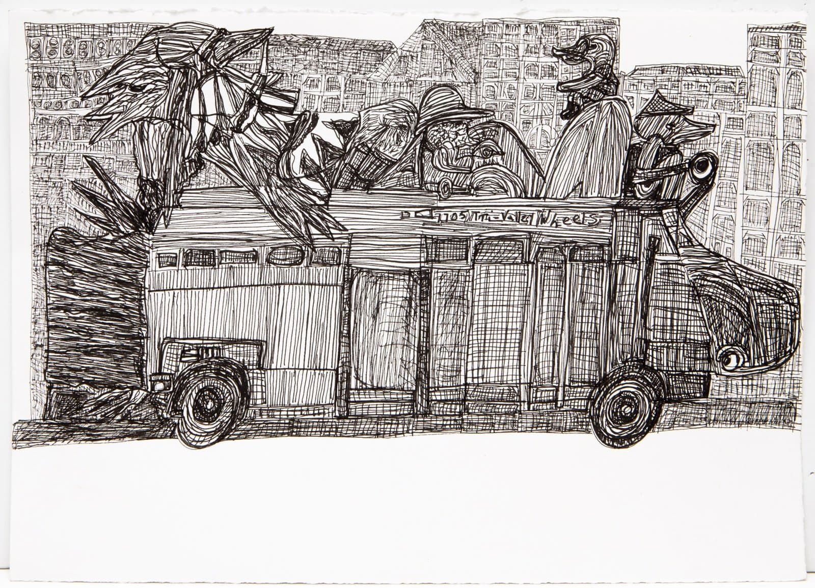 Ink drawing of a city bus filled with vegetables and figures, surrounded by tall buildings with cross-hatched shading.