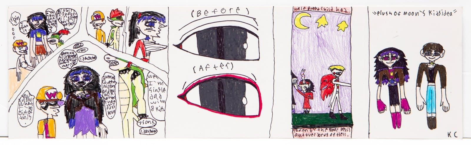 Multi-panel comic-style drawing in colored pencil and ink featuring cartoon characters, eyes, and text on white paper.