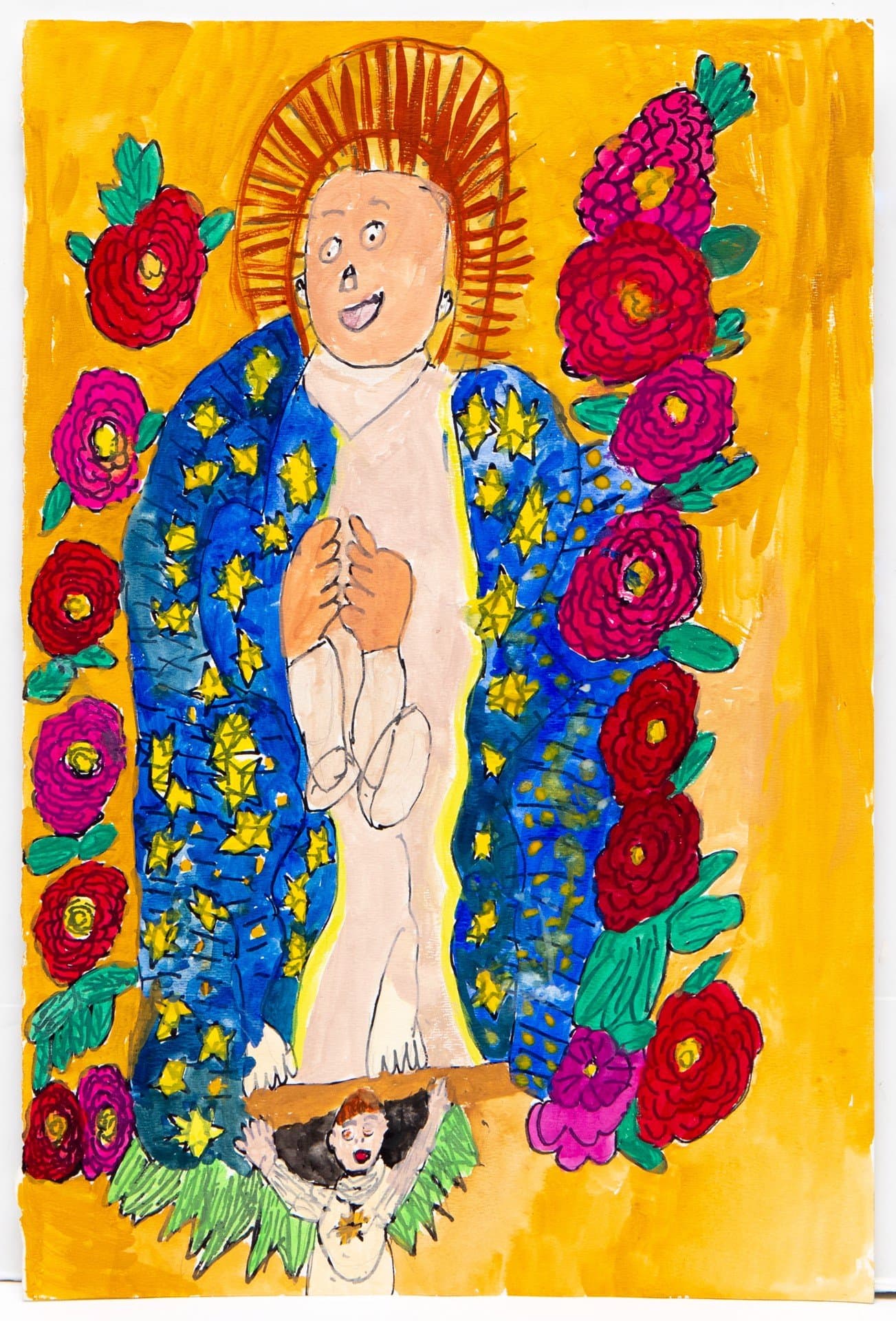 Watercolor and ink drawing of a figure with radiating halo surrounded by red and pink roses on yellow background.