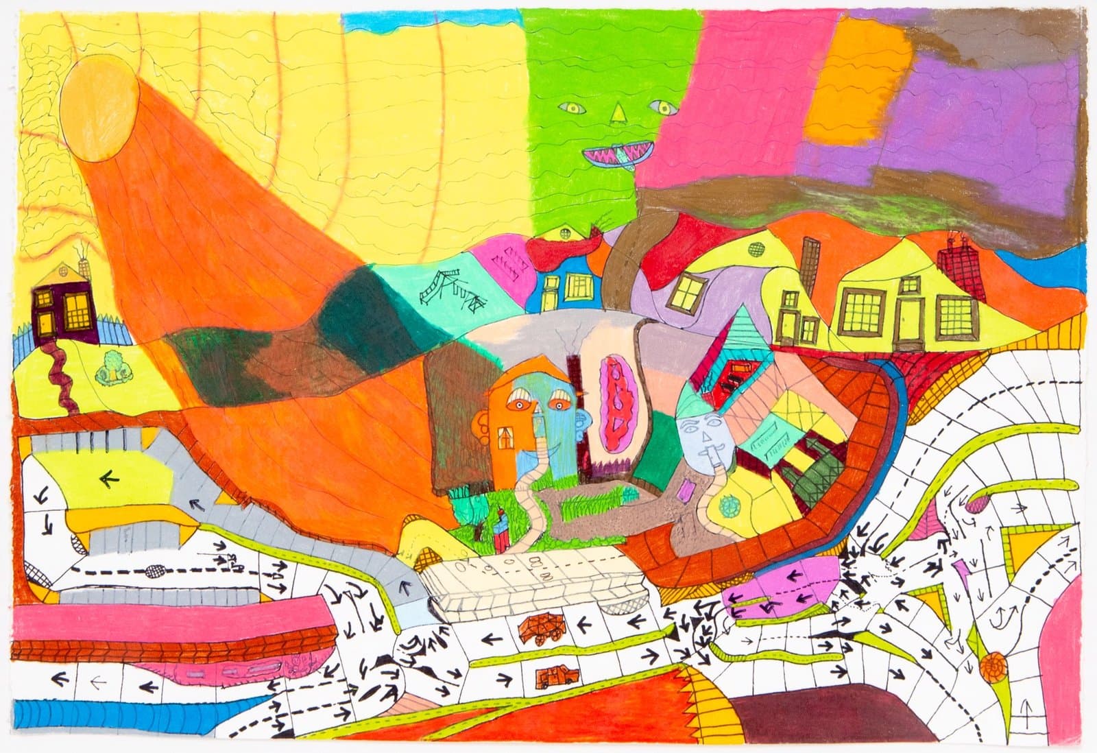 Mixed media drawing with vibrant colored shapes, small houses, and flowing linear elements in ink and colored pencil