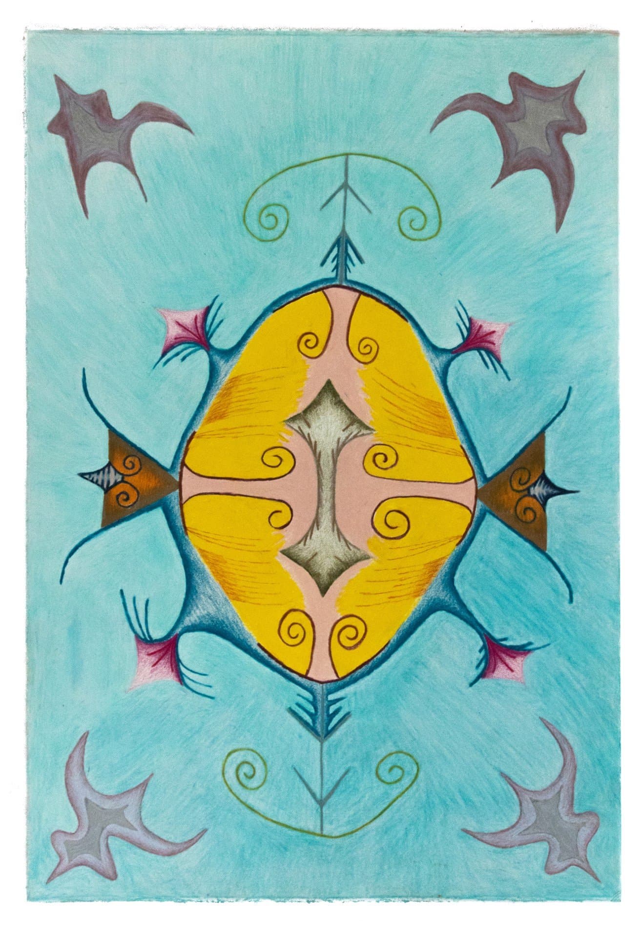 Colored pencil drawing featuring symmetrical design with central oval containing yellow and pink sections around gray cross