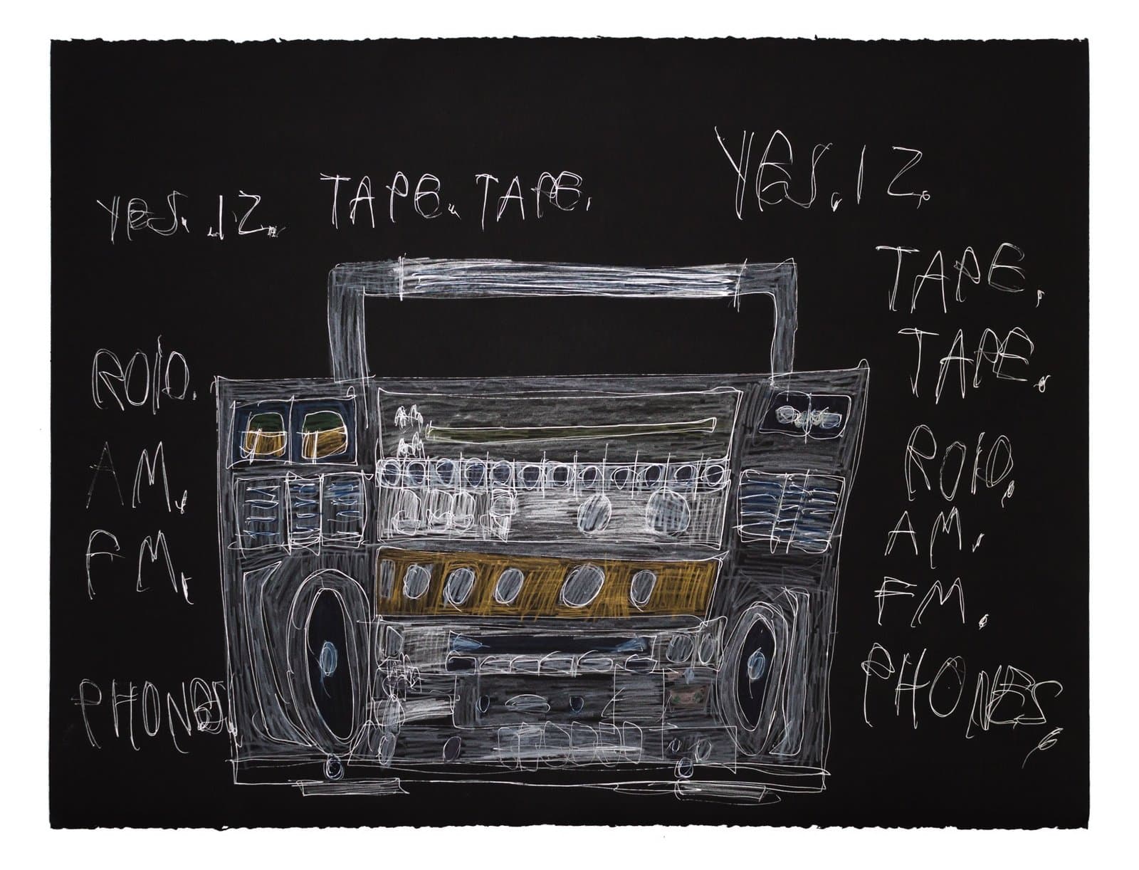 Ink and colored pencil drawing of a boombox radio on black paper with handwritten text around it