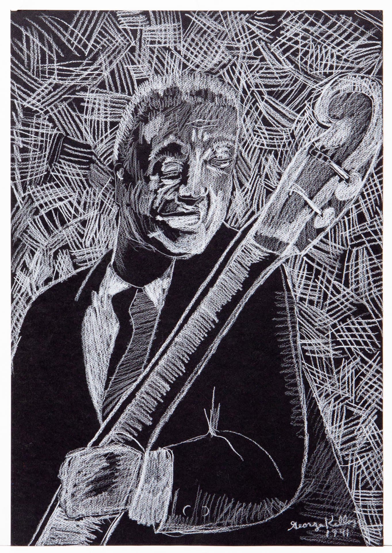 Black and white portrait drawing of a man with guitar in colored pencil or charcoal with crosshatched background patterns.