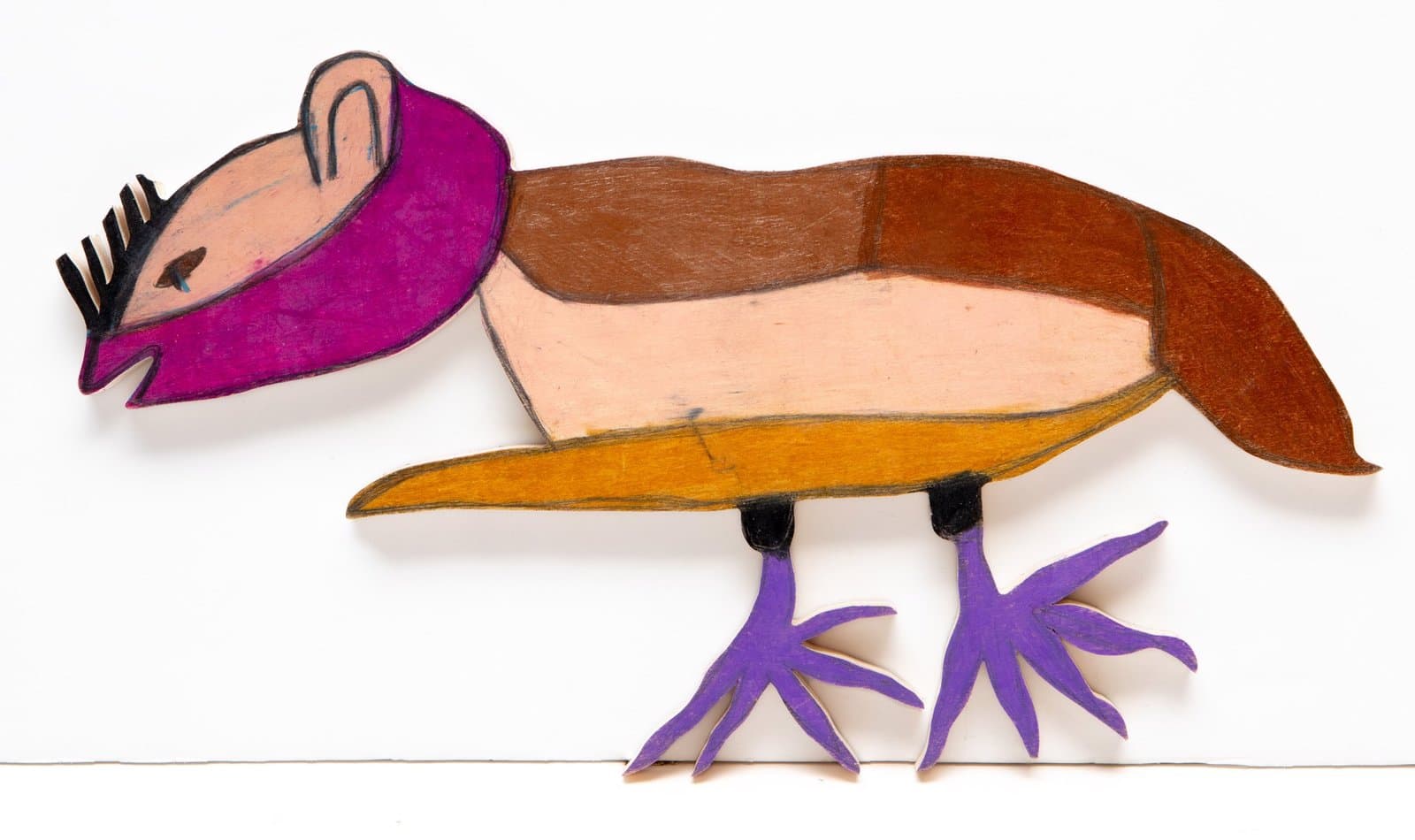 Sculptural figure in colored pencil on wood depicting a reclining person with magenta hair and purple feet.