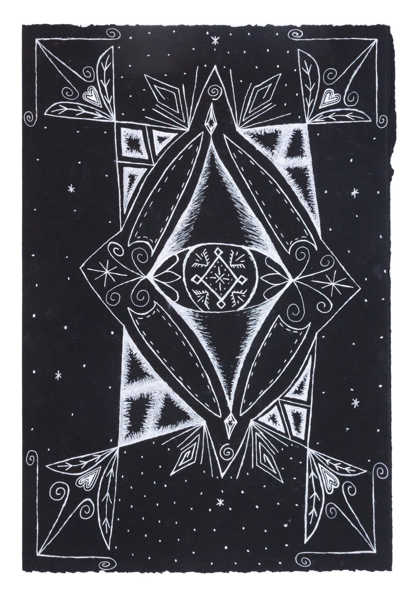 Black ink drawing on white paper featuring geometric diamond shape with intricate linear patterns and decorative elements