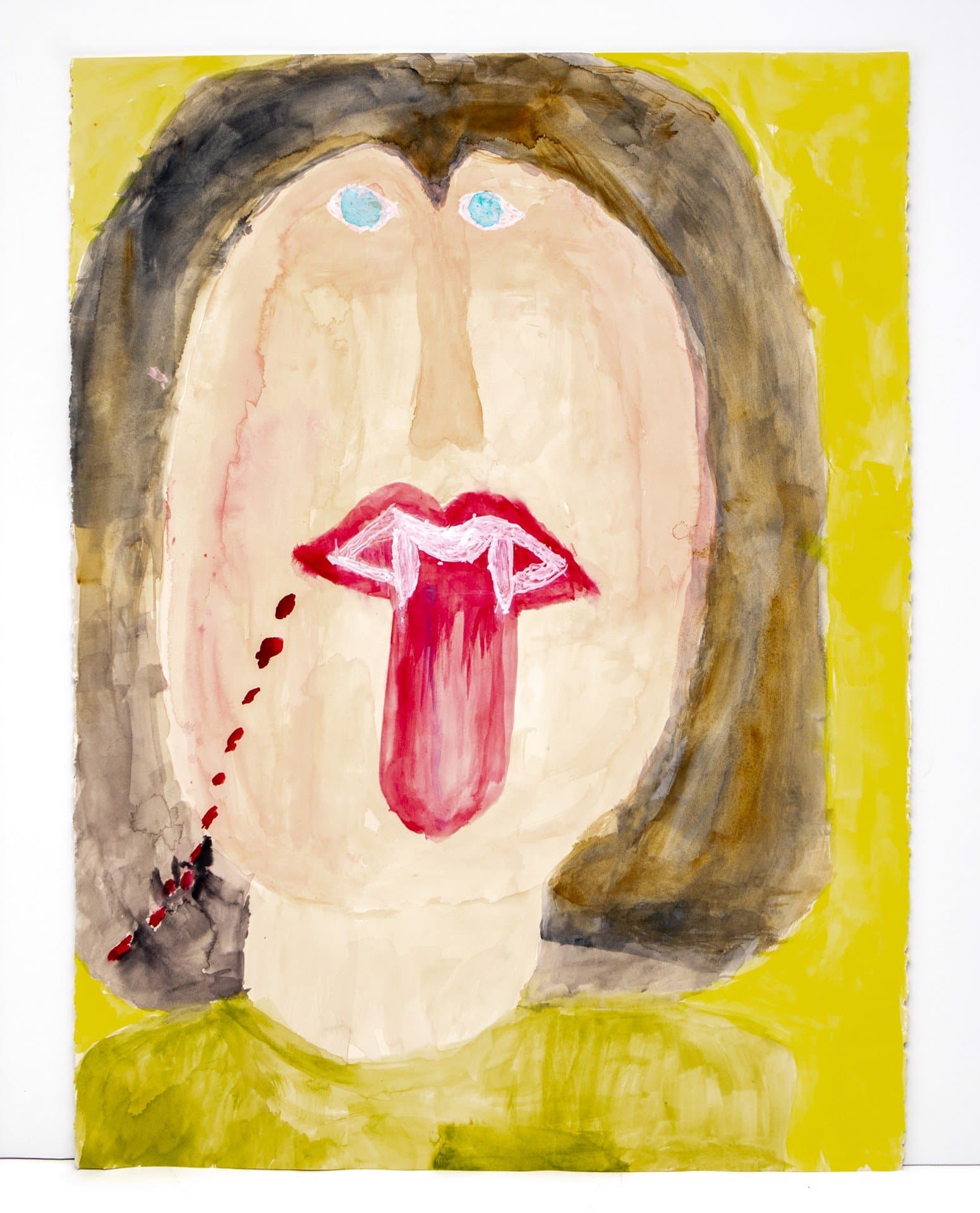 Watercolor portrait of a figure with brown hair, blue eyes, and red mouth on yellow background.