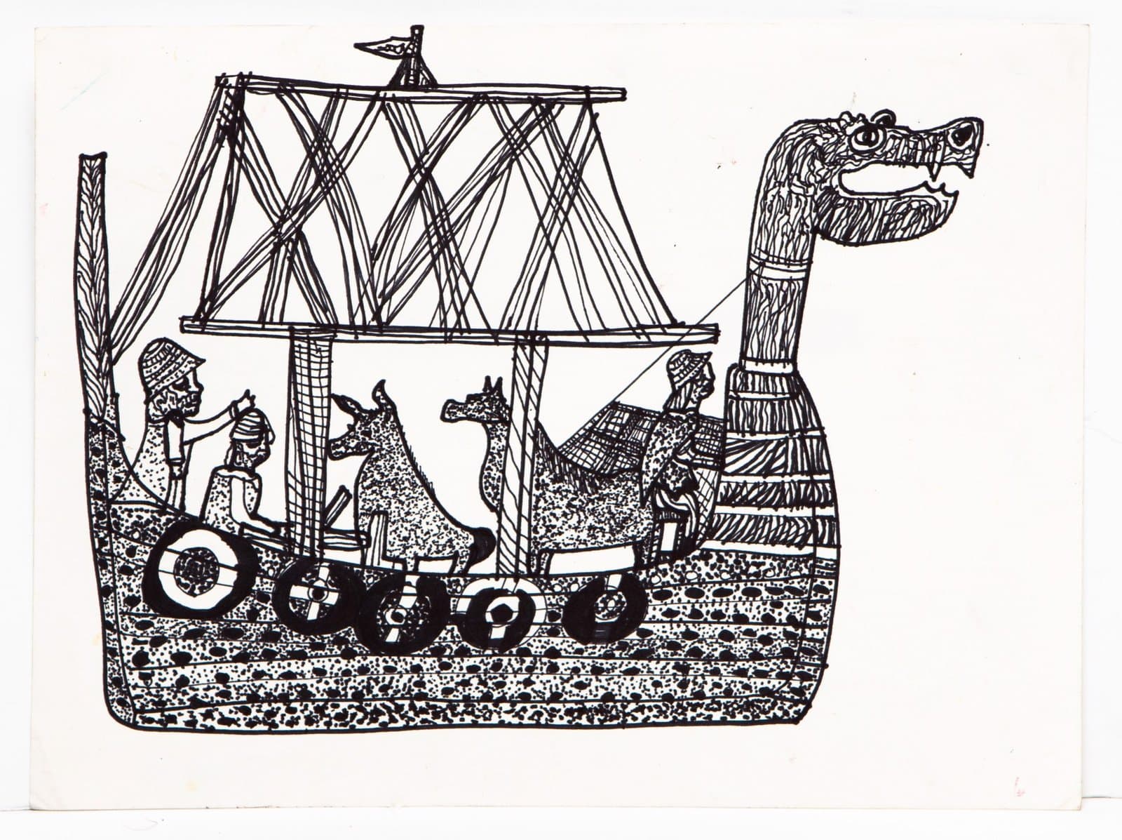 Black ink drawing on paper depicting a Viking-style ship with dragon head prow, geometric sail, and figures aboard