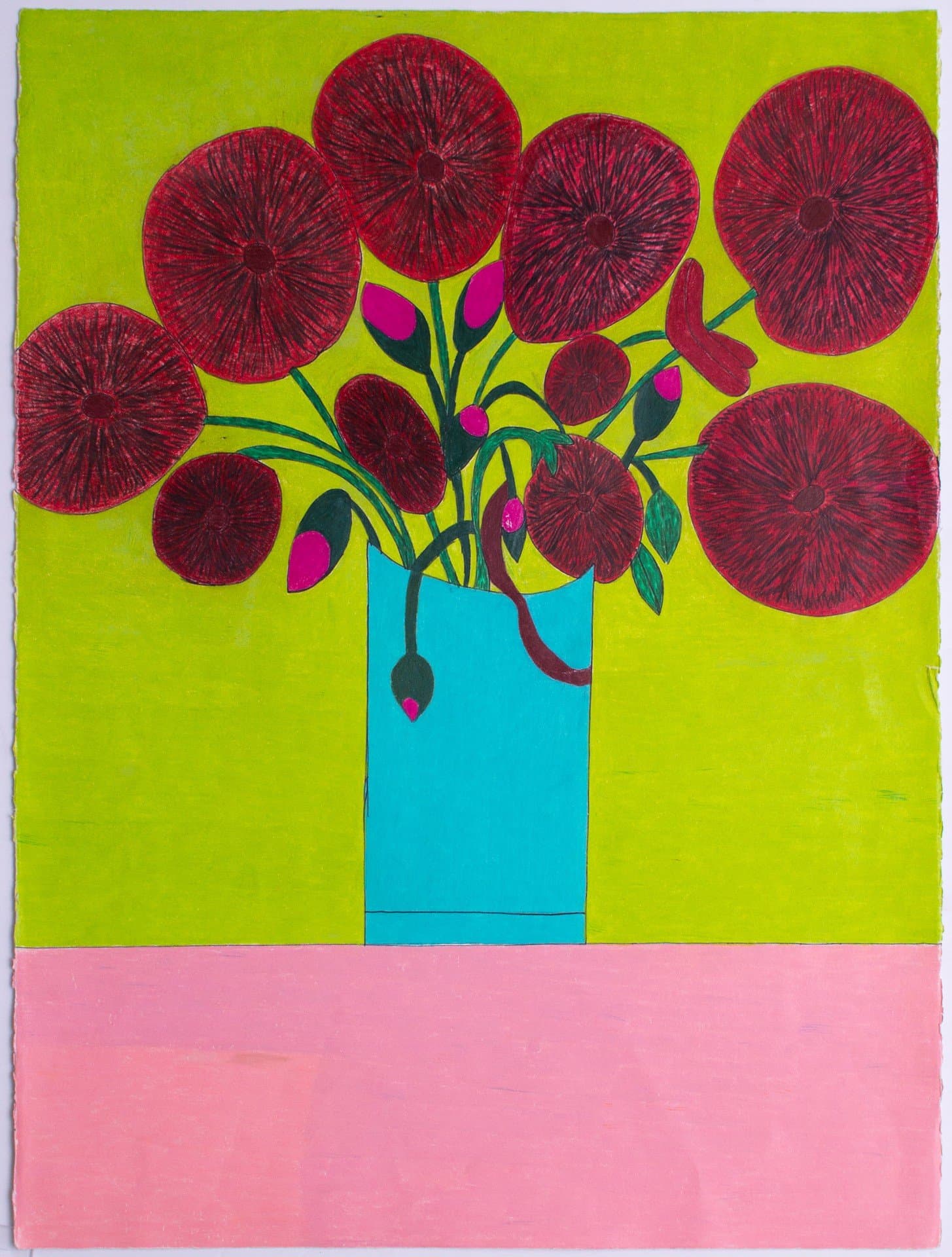 Colorful drawing of flowers in a vase with red circular blooms, blue vase on chartreuse background with pink base