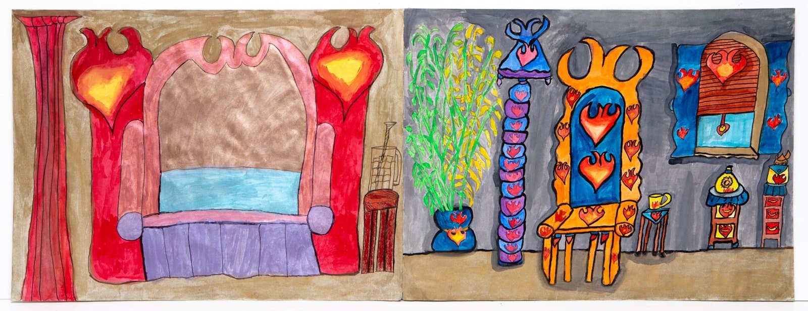 Watercolor and ink drawing showing two interior scenes with colorful furniture and heart motifs