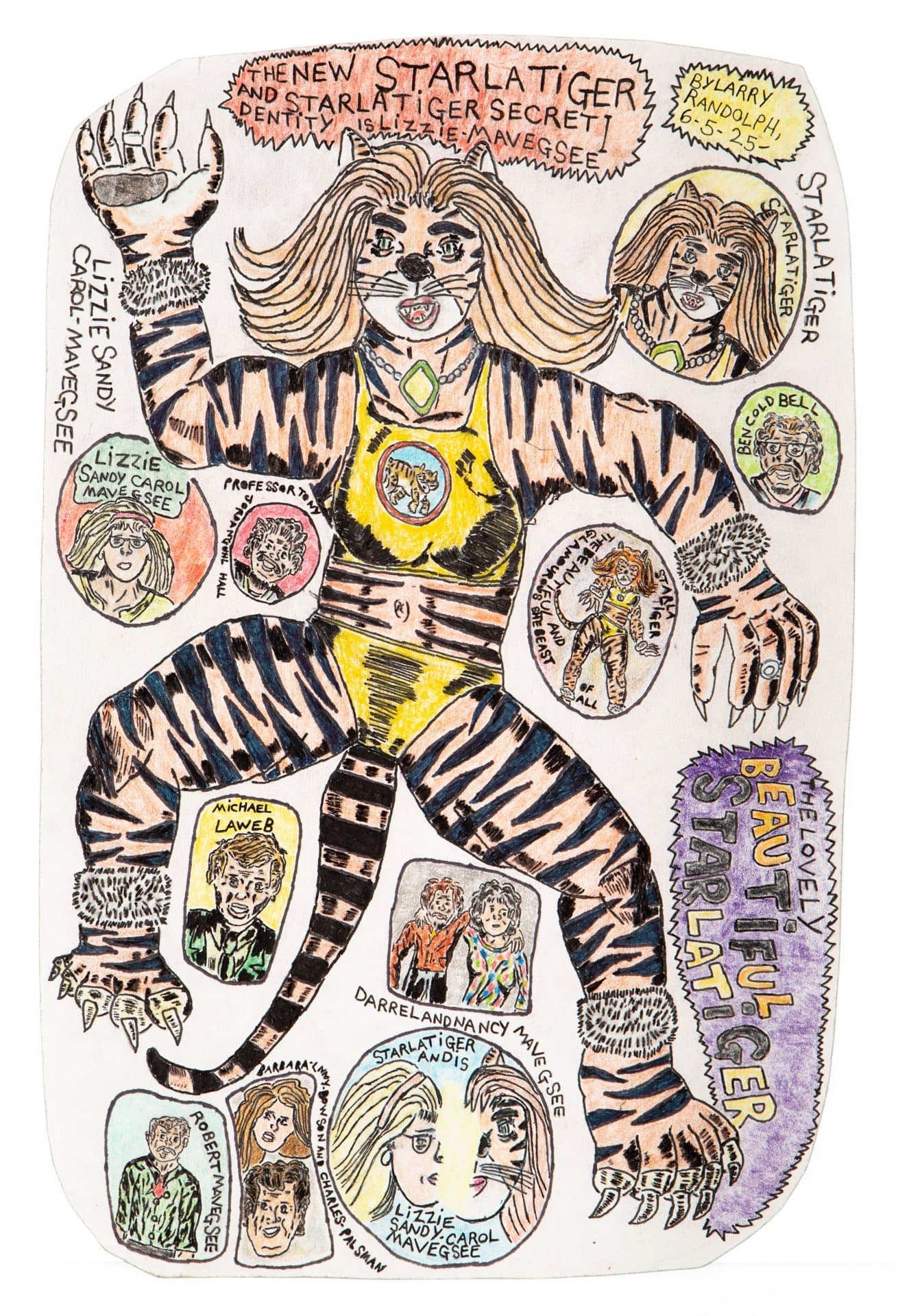 Drawing of a tiger-striped humanoid figure surrounded by circular portraits and text bubbles in colored pencil and ink on paper.