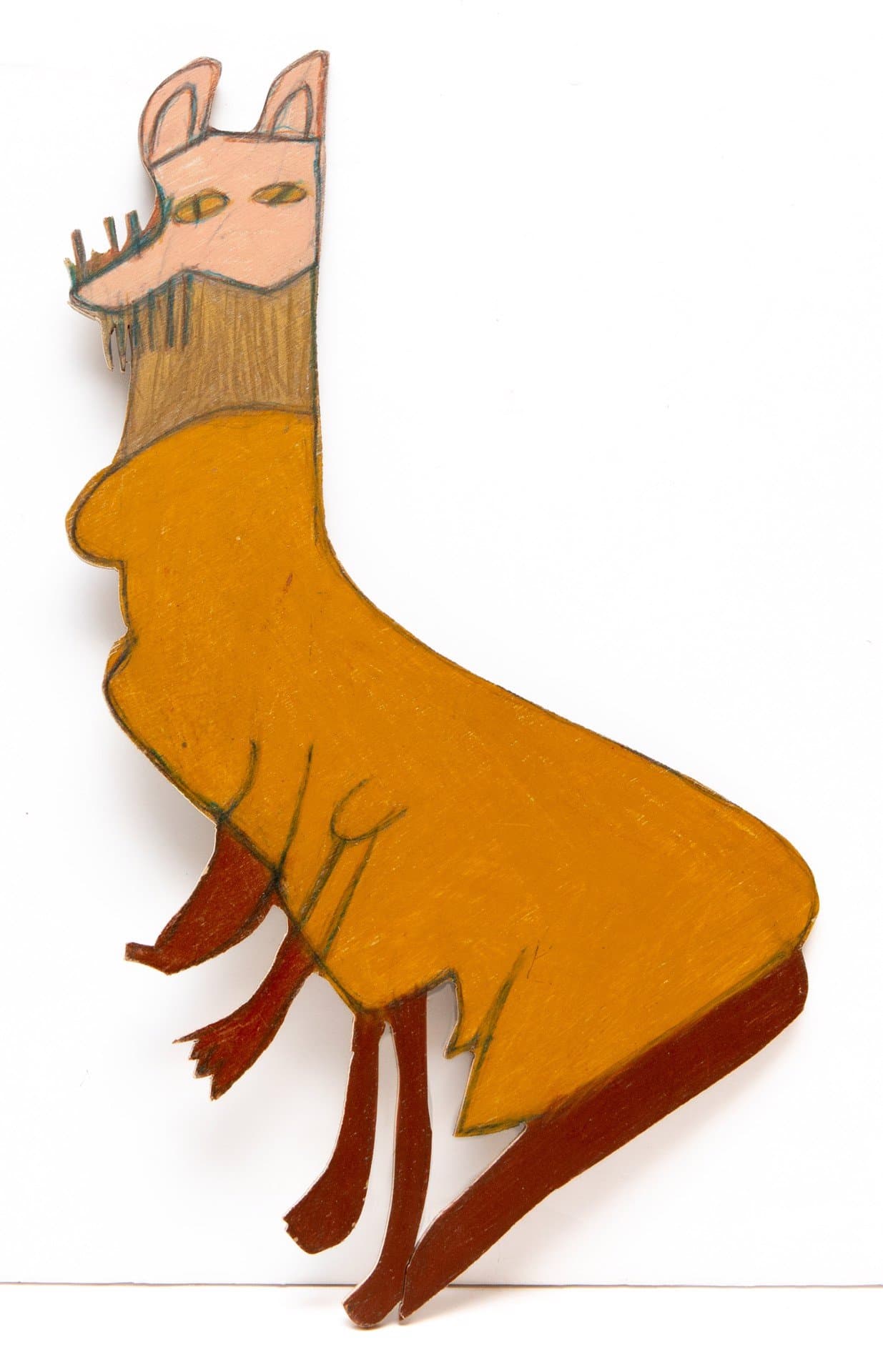 Cut-out wooden sculpture of a stylized animal figure in orange, brown, and pink, drawn with Prismastix.
